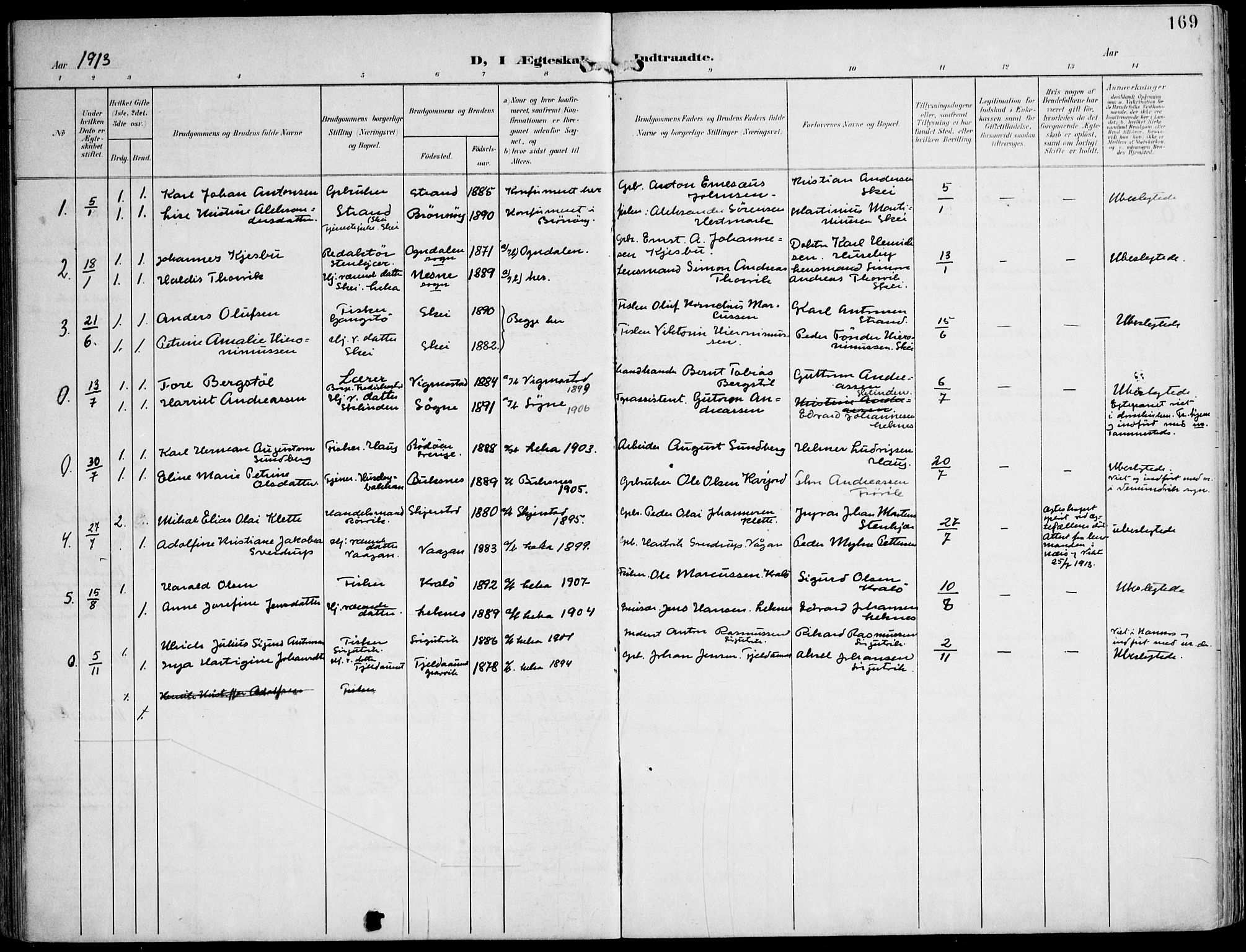 Ministerialprotokoller, klokkerbøker og fødselsregistre - Nord-Trøndelag, SAT/A-1458/788/L0698: Parish register (official) no. 788A05, 1902-1921, p. 169