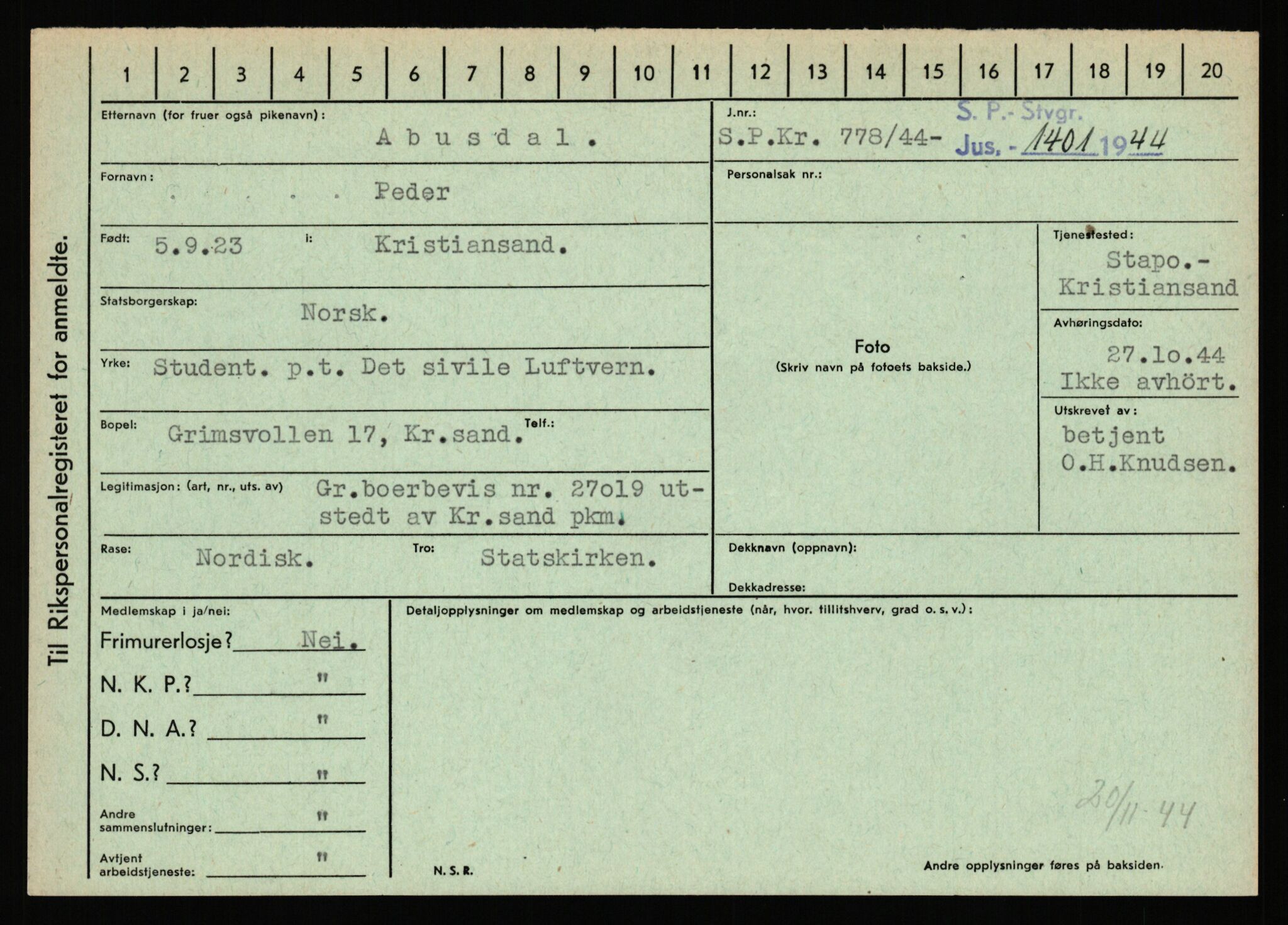 Statspolitiet - Hovedkontoret / Osloavdelingen, AV/RA-S-1329/C/Ca/L0001: Aabakken - Armann, 1943-1945, p. 1109