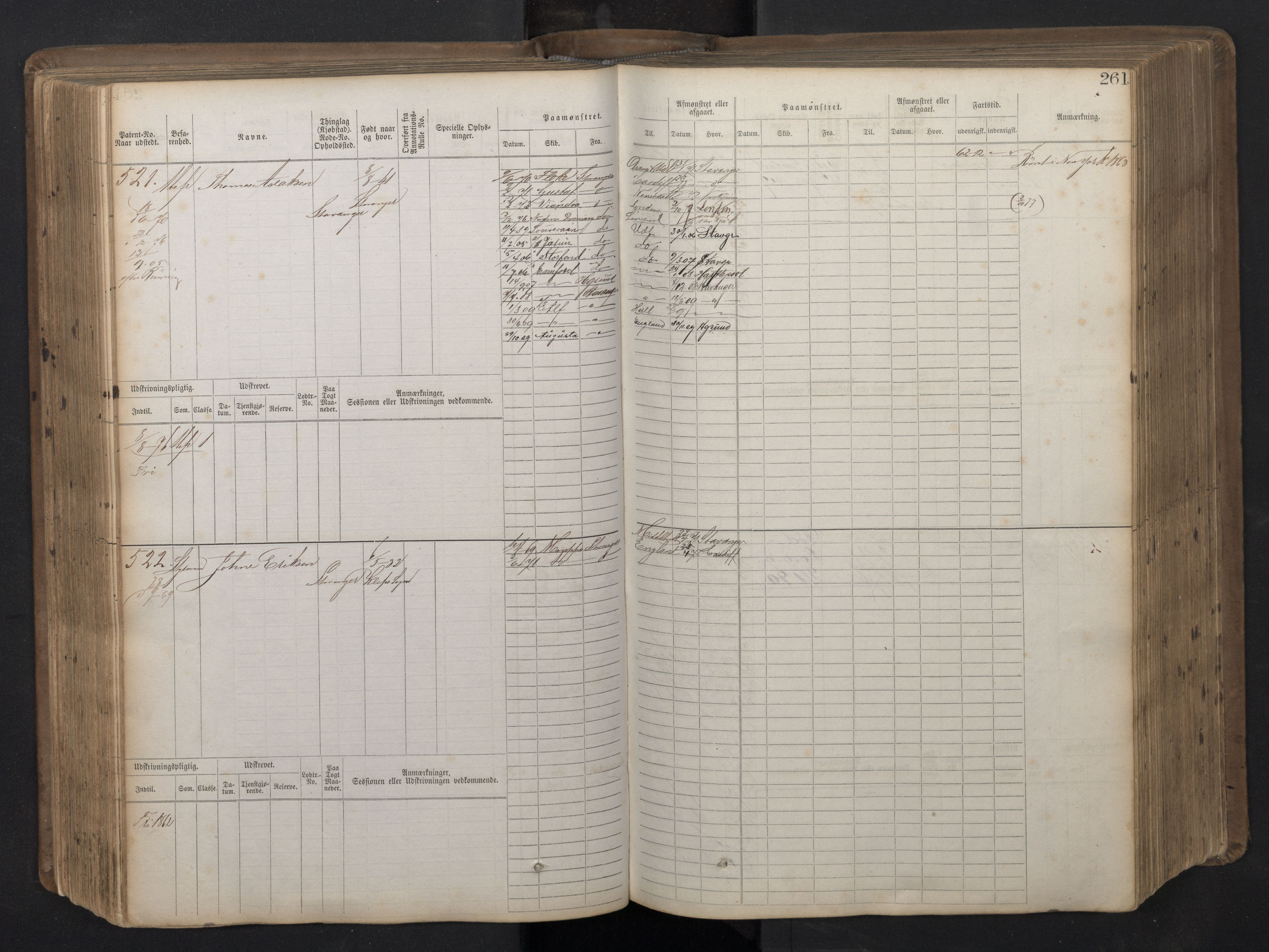 Stavanger sjømannskontor, AV/SAST-A-102006/F/Fb/Fbb/L0016: Sjøfartshovedrulle patnentnr. 1-1202 (dublett), 1869, p. 261