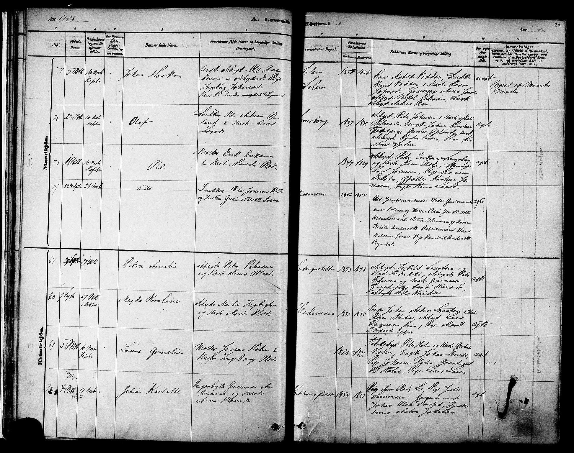 Ministerialprotokoller, klokkerbøker og fødselsregistre - Sør-Trøndelag, AV/SAT-A-1456/606/L0294: Parish register (official) no. 606A09, 1878-1886, p. 22