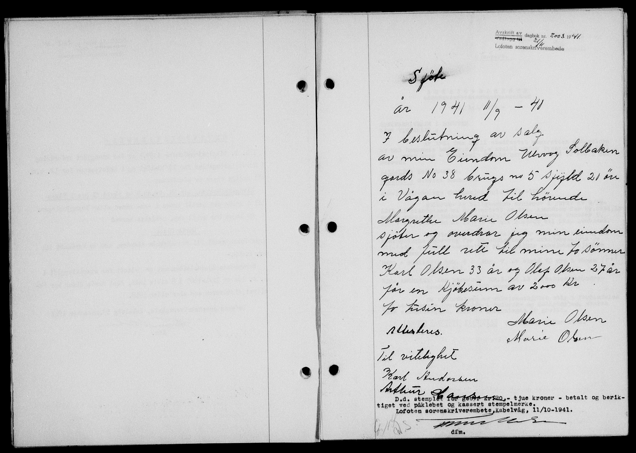 Lofoten sorenskriveri, SAT/A-0017/1/2/2C/L0009a: Mortgage book no. 9a, 1941-1942, Diary no: : 2003/1941