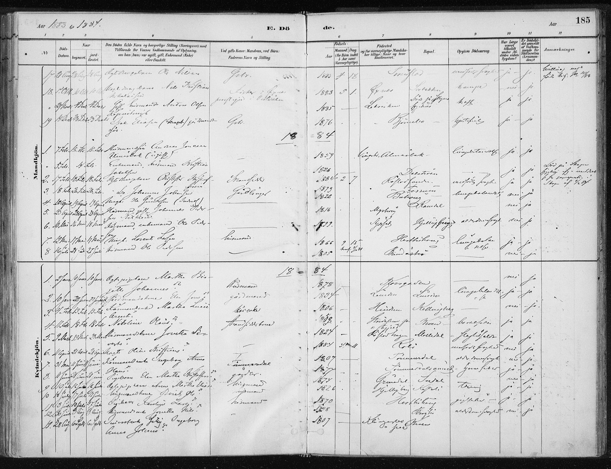 Ministerialprotokoller, klokkerbøker og fødselsregistre - Nord-Trøndelag, SAT/A-1458/701/L0010: Parish register (official) no. 701A10, 1883-1899, p. 185