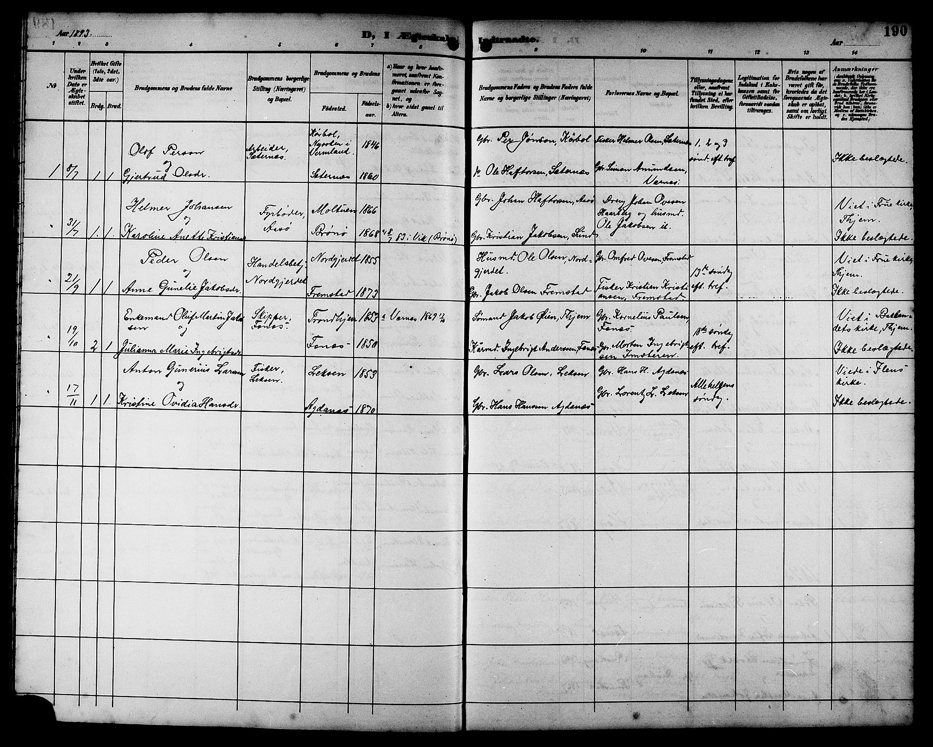 Ministerialprotokoller, klokkerbøker og fødselsregistre - Sør-Trøndelag, SAT/A-1456/662/L0757: Parish register (copy) no. 662C02, 1892-1918, p. 190