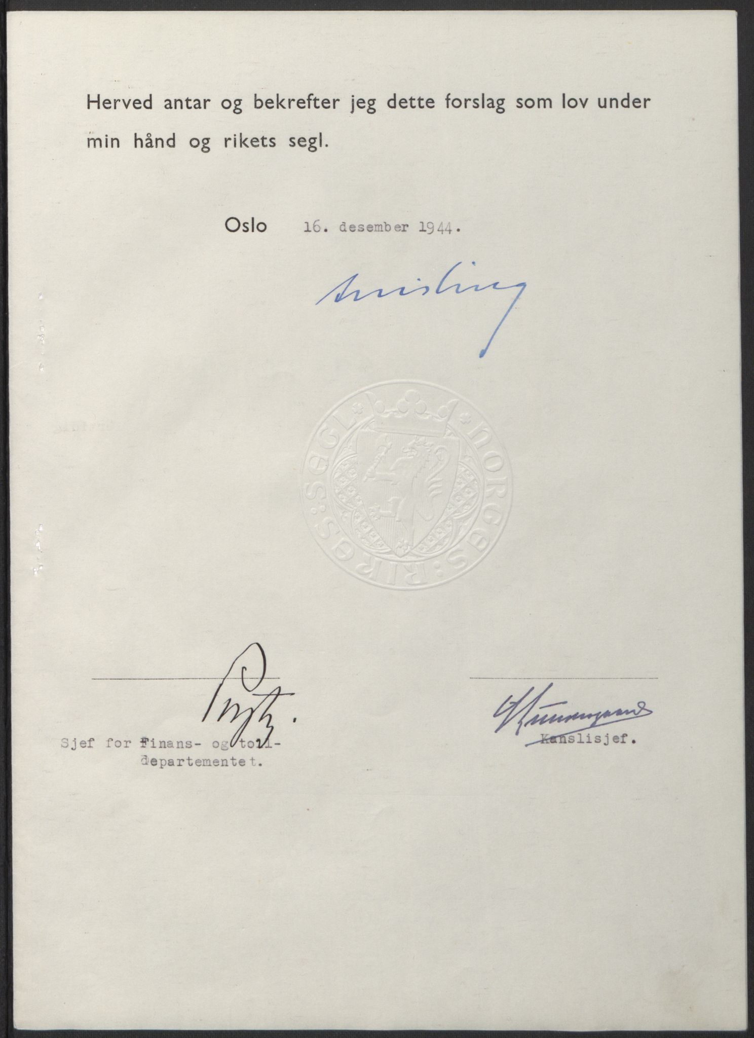 NS-administrasjonen 1940-1945 (Statsrådsekretariatet, de kommisariske statsråder mm), AV/RA-S-4279/D/Db/L0100: Lover, 1944, p. 654