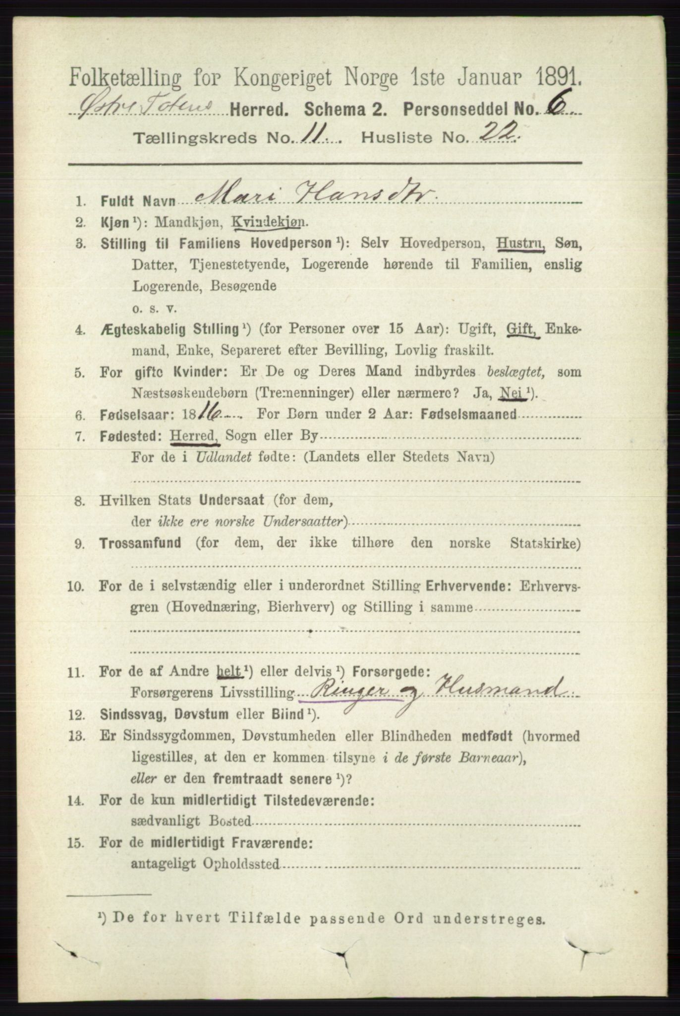RA, 1891 census for 0528 Østre Toten, 1891, p. 7066