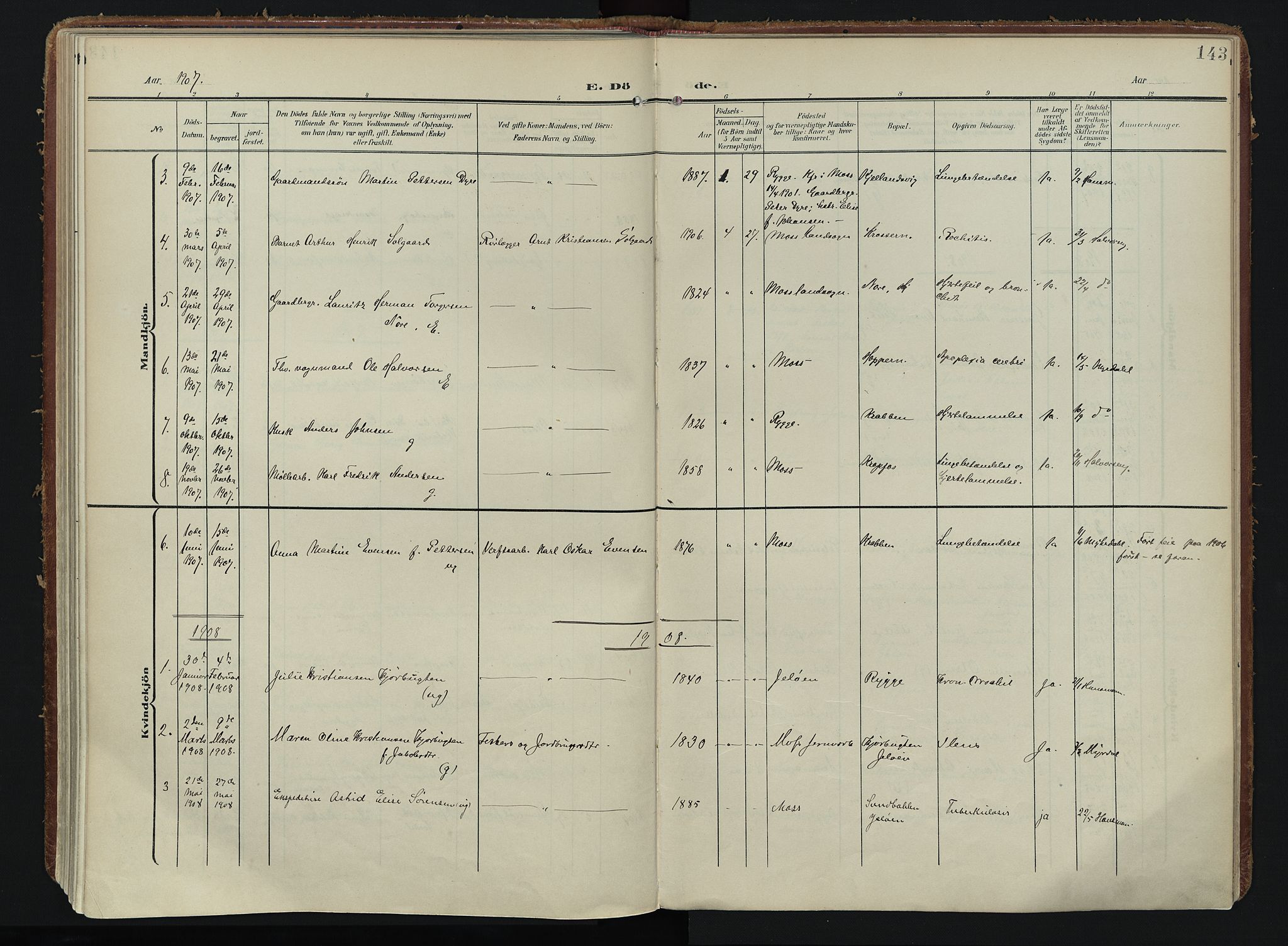 Moss prestekontor Kirkebøker, AV/SAO-A-2003/F/Fc/L0003: Parish register (official) no. III 3, 1906-1914, p. 143