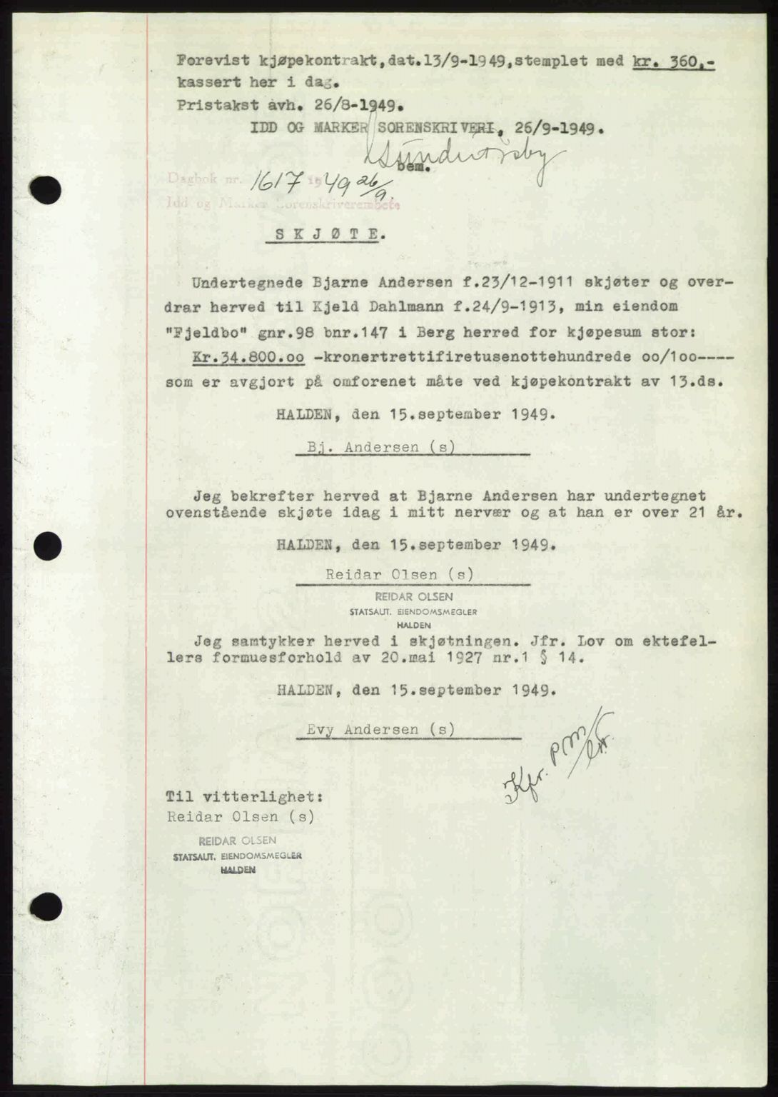 Idd og Marker sorenskriveri, AV/SAO-A-10283/G/Gb/Gbb/L0012: Mortgage book no. A12, 1949-1949, Diary no: : 1617/1949