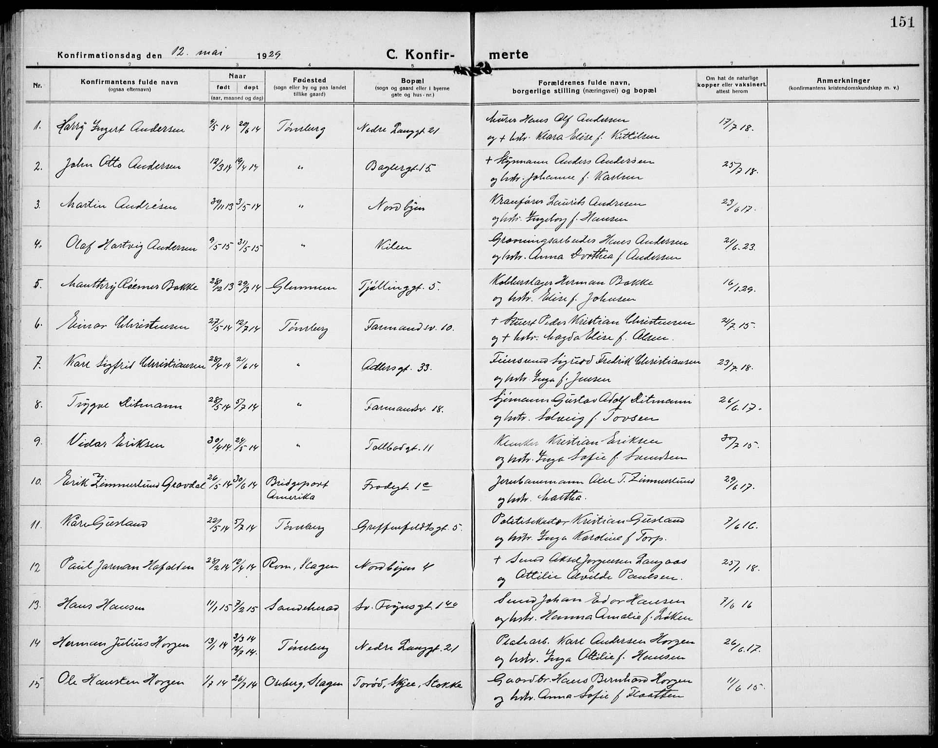 Tønsberg kirkebøker, AV/SAKO-A-330/G/Ga/L0013: Parish register (copy) no. 13, 1920-1929, p. 151