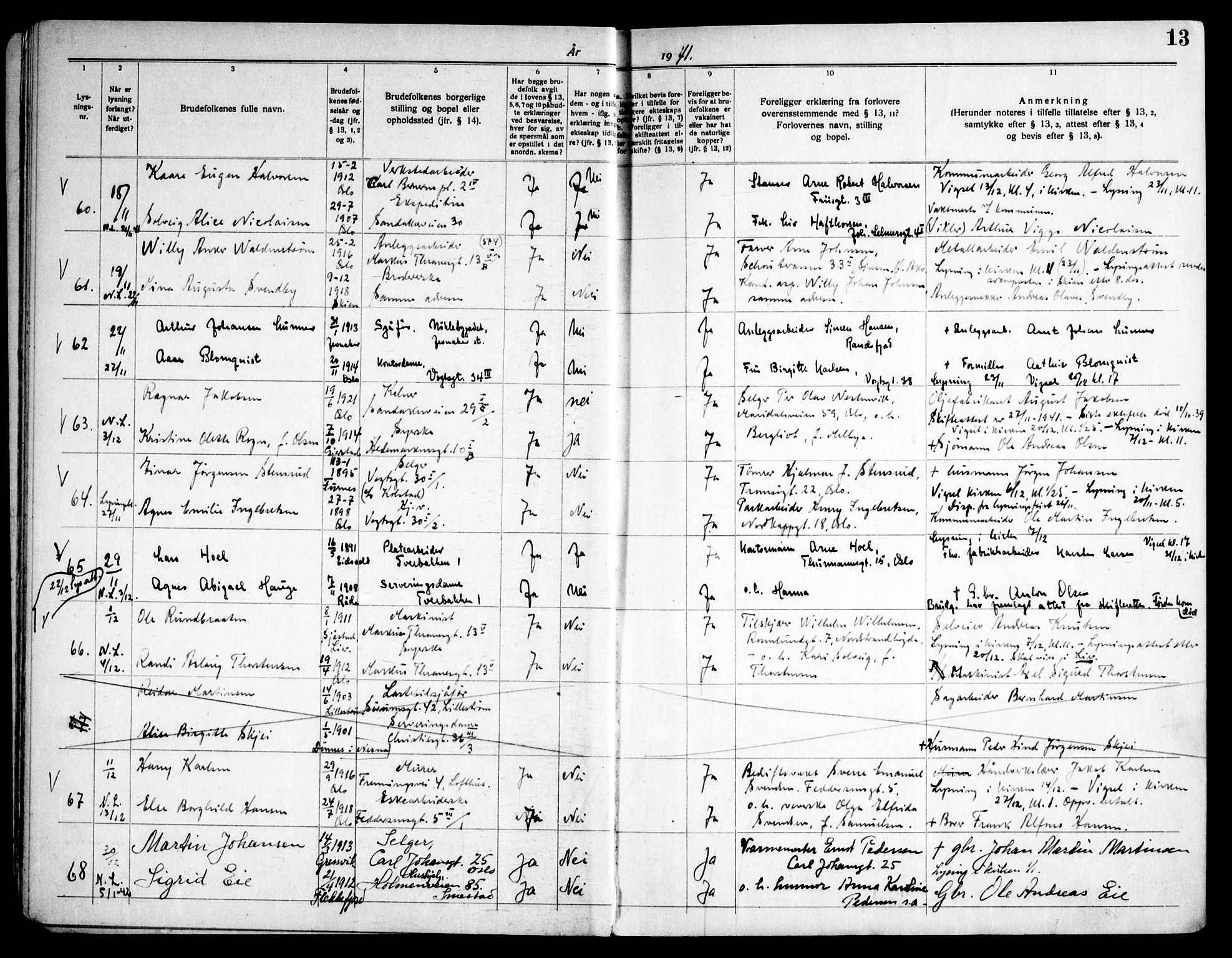 Lilleborg prestekontor Kirkebøker, AV/SAO-A-10343a/H/L0003: Banns register no. 3, 1940-1960, p. 13