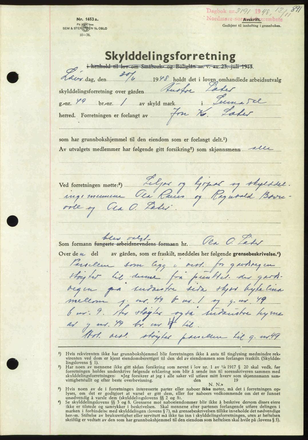 Nordmøre sorenskriveri, AV/SAT-A-4132/1/2/2Ca: Mortgage book no. A109, 1948-1948, Diary no: : 3191/1948