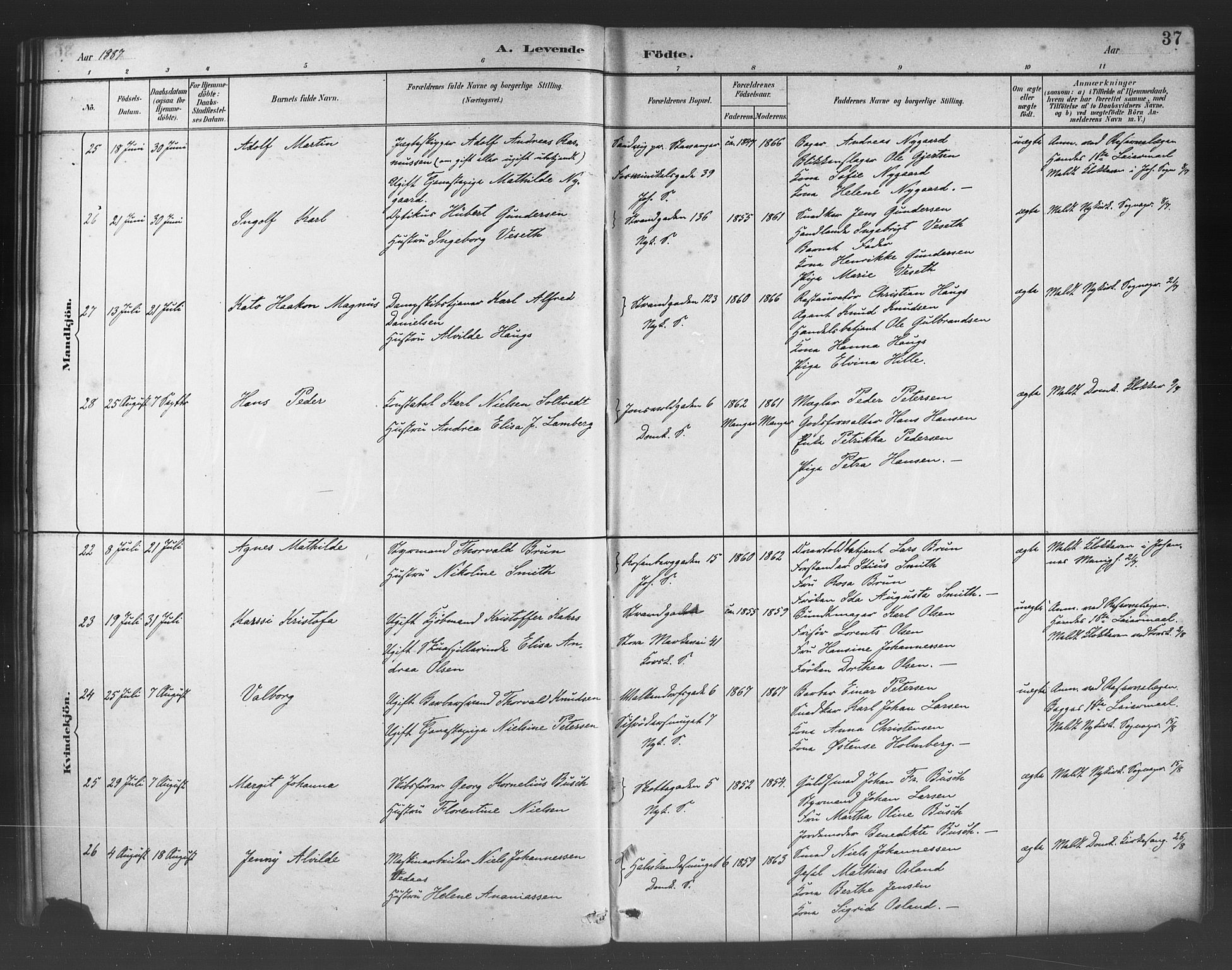 Fødselsstiftelsens sokneprestembete*, SAB/-: Parish register (official) no. A 2, 1884-1900, p. 37