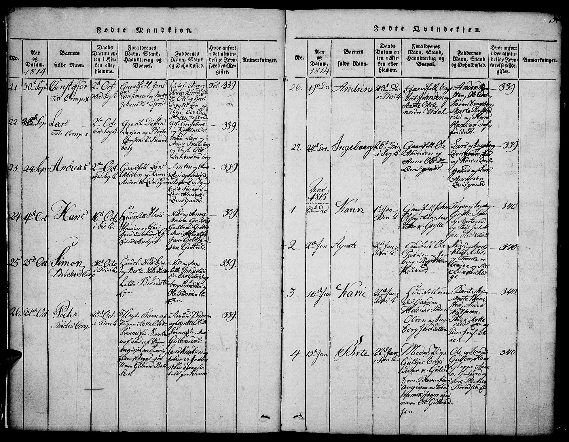 Biri prestekontor, SAH/PREST-096/H/Ha/Hab/L0001: Parish register (copy) no. 1, 1814-1828, p. 5