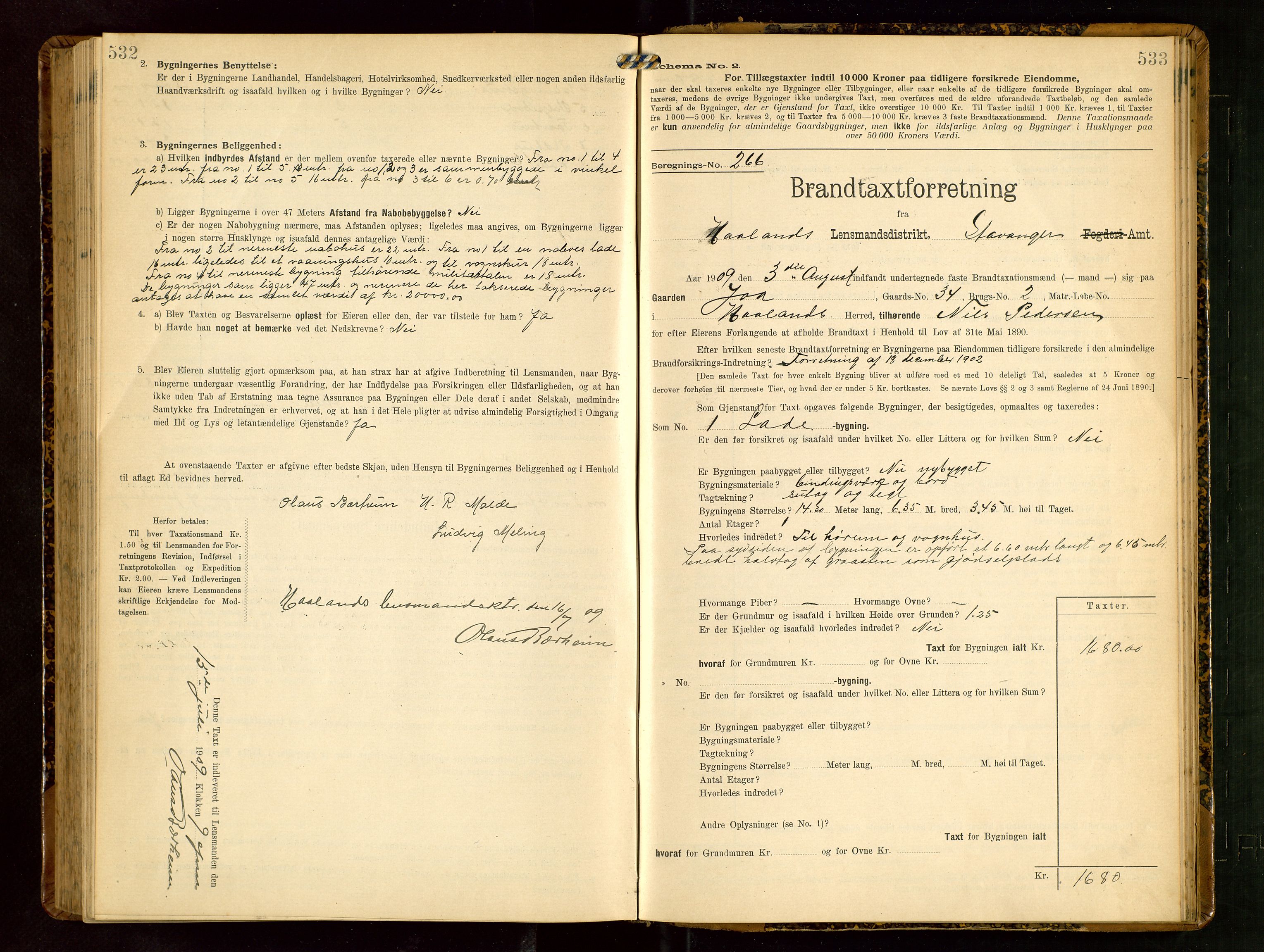 Håland lensmannskontor, AV/SAST-A-100100/Gob/L0003: Branntakstprotokoll - skjematakst. Register i boken., 1909-1910, p. 532-533