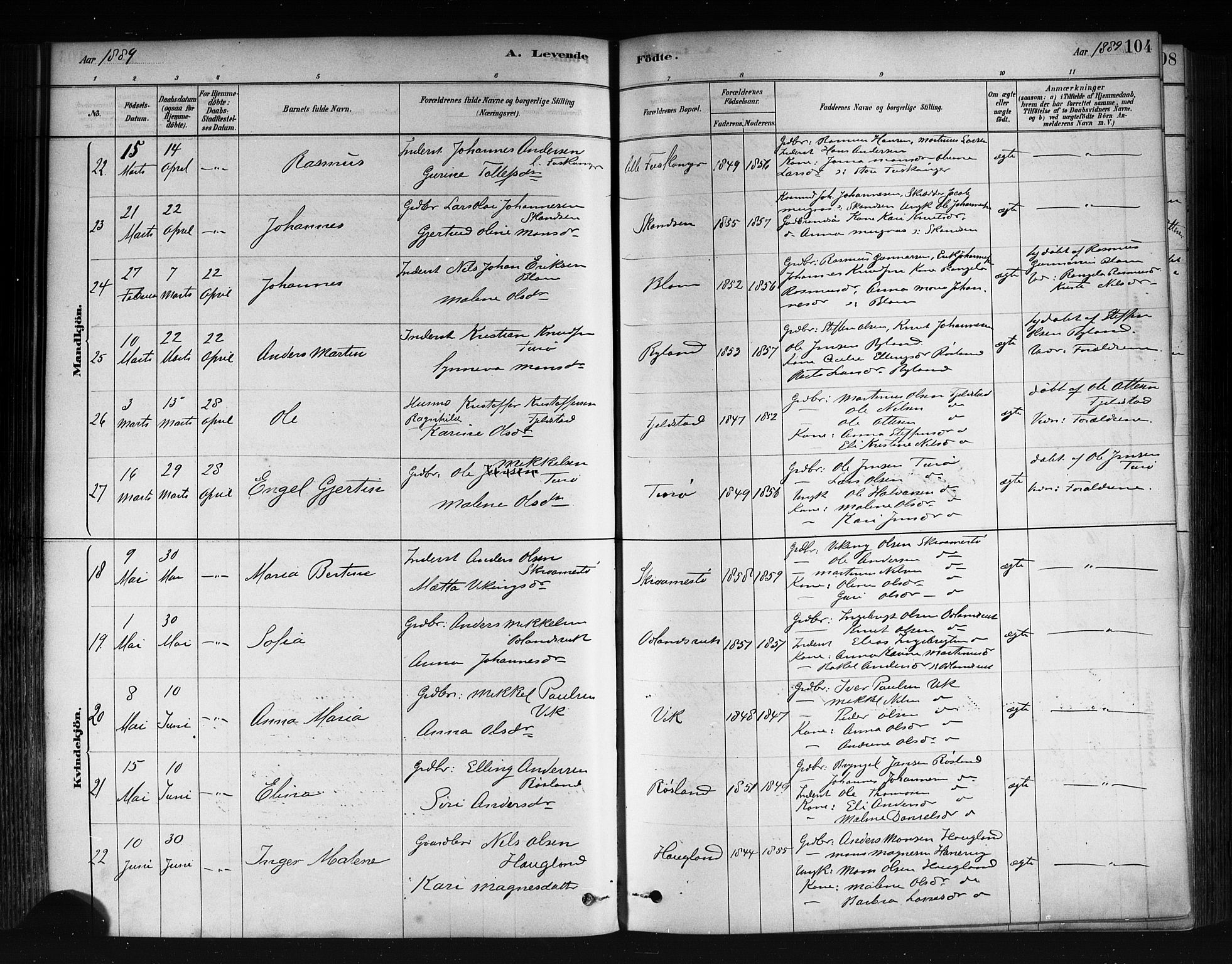 Herdla Sokneprestembete, SAB/A-75701/H/Haa: Parish register (official) no. A 3, 1878-1890, p. 104