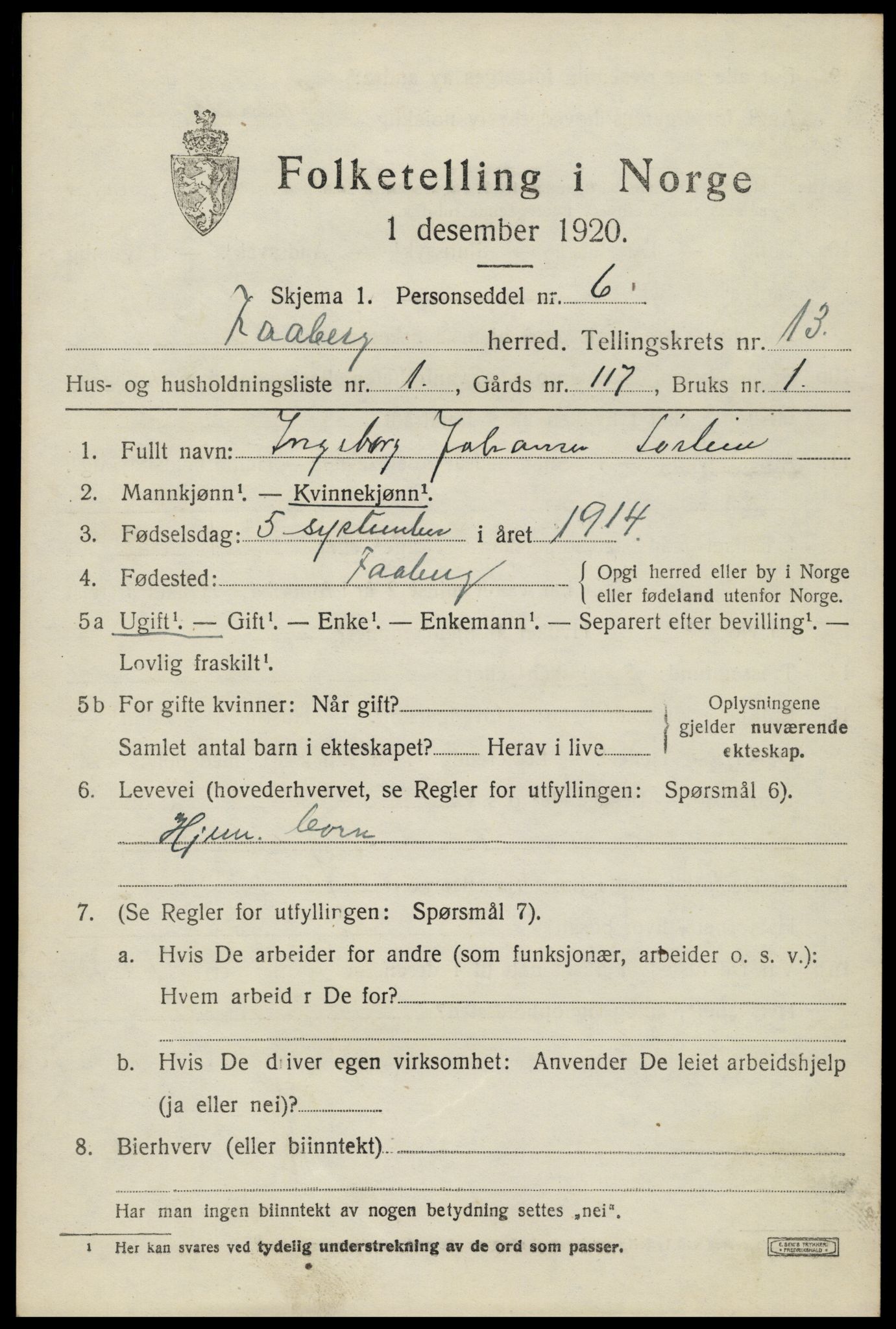 SAH, 1920 census for Fåberg, 1920, p. 13880