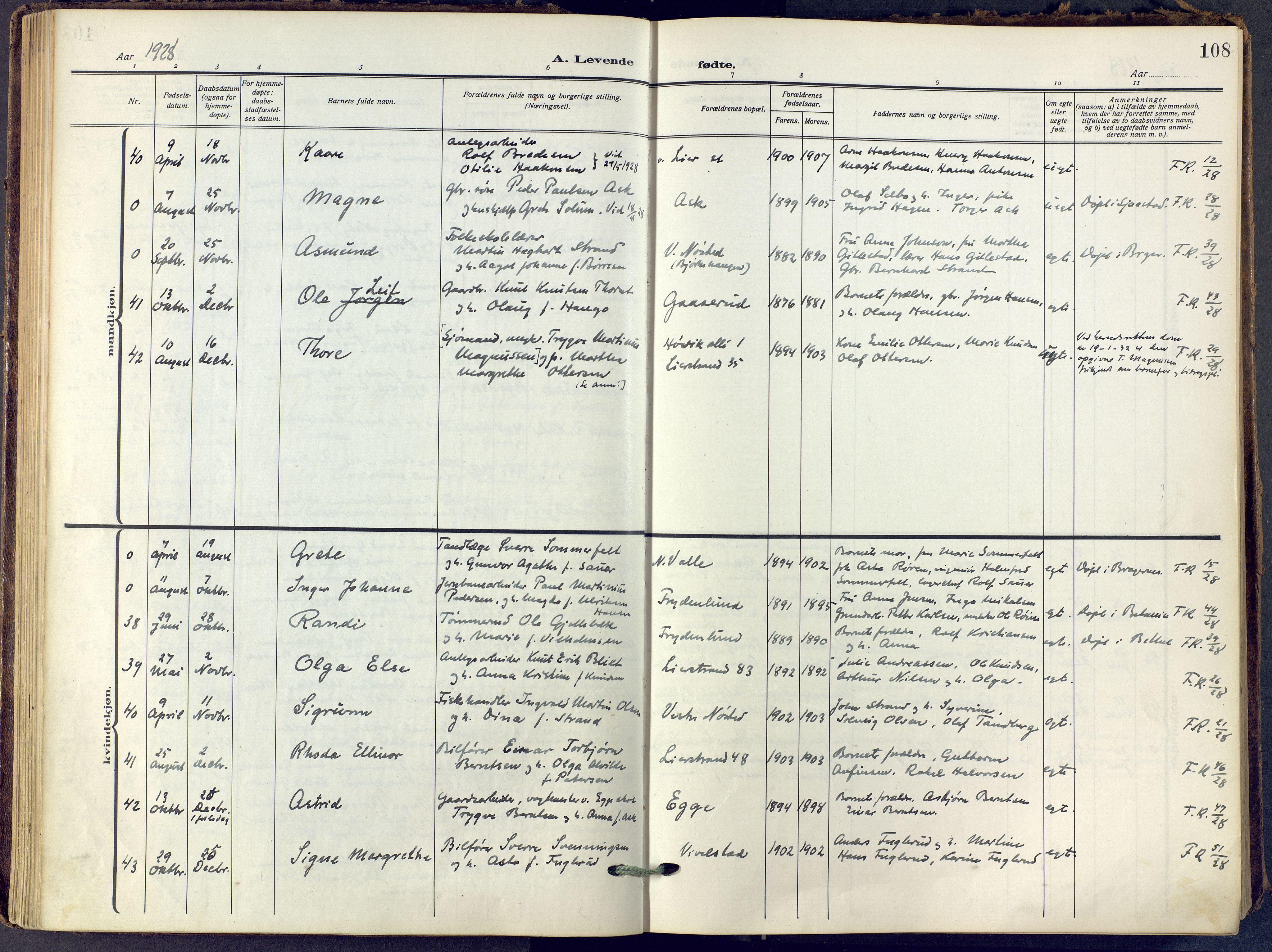 Lier kirkebøker, SAKO/A-230/F/Fa/L0019: Parish register (official) no. I 19, 1918-1928, p. 108