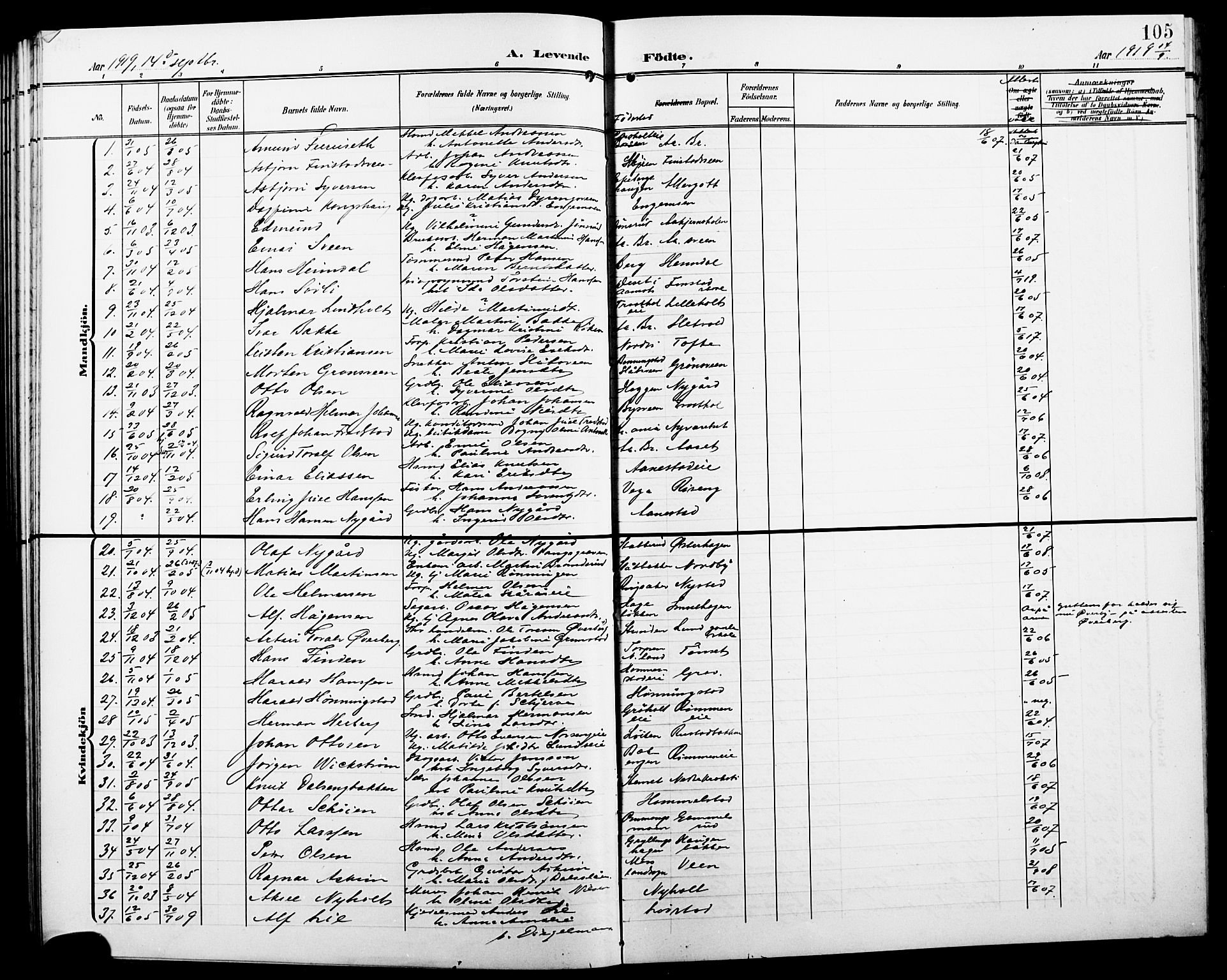 Løten prestekontor, SAH/PREST-022/L/La/L0007: Parish register (copy) no. 7, 1910-1919, p. 105