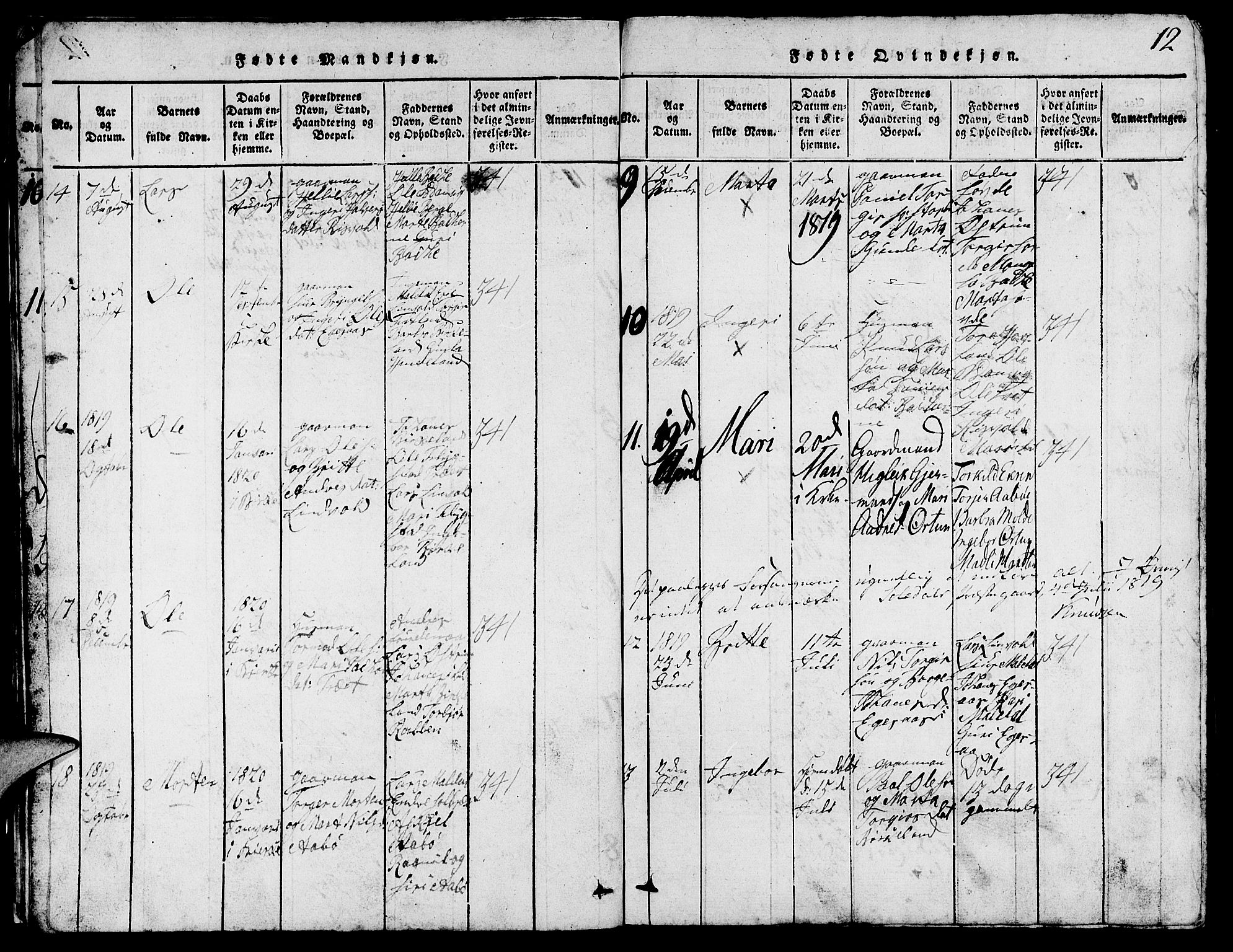 Suldal sokneprestkontor, AV/SAST-A-101845/01/V/L0002: Parish register (copy) no. B 2, 1816-1845, p. 12