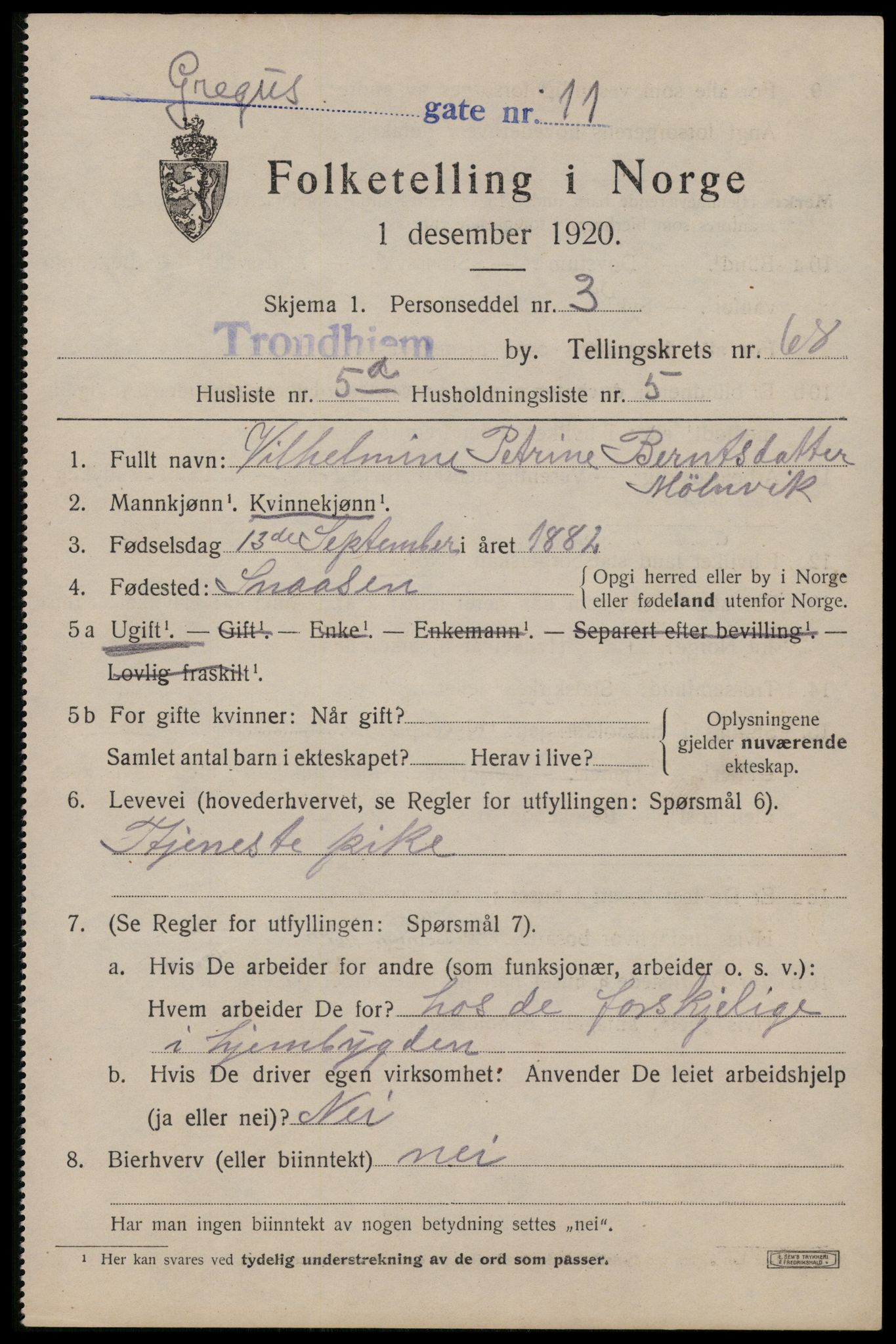 SAT, 1920 census for Trondheim, 1920, p. 134354