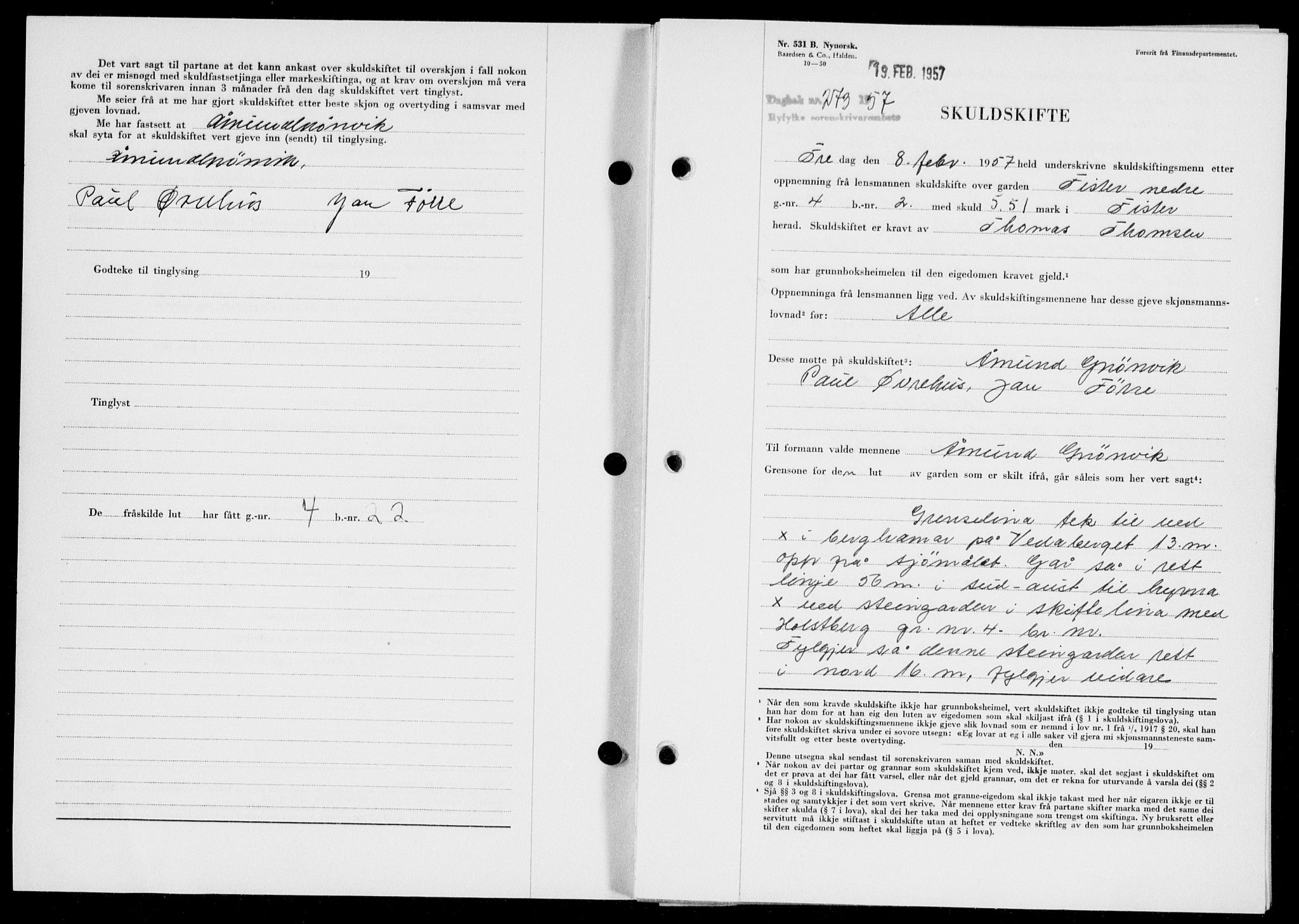 Ryfylke tingrett, AV/SAST-A-100055/001/II/IIB/L0135: Mortgage book no. 114, 1956-1957, Diary no: : 273/1957