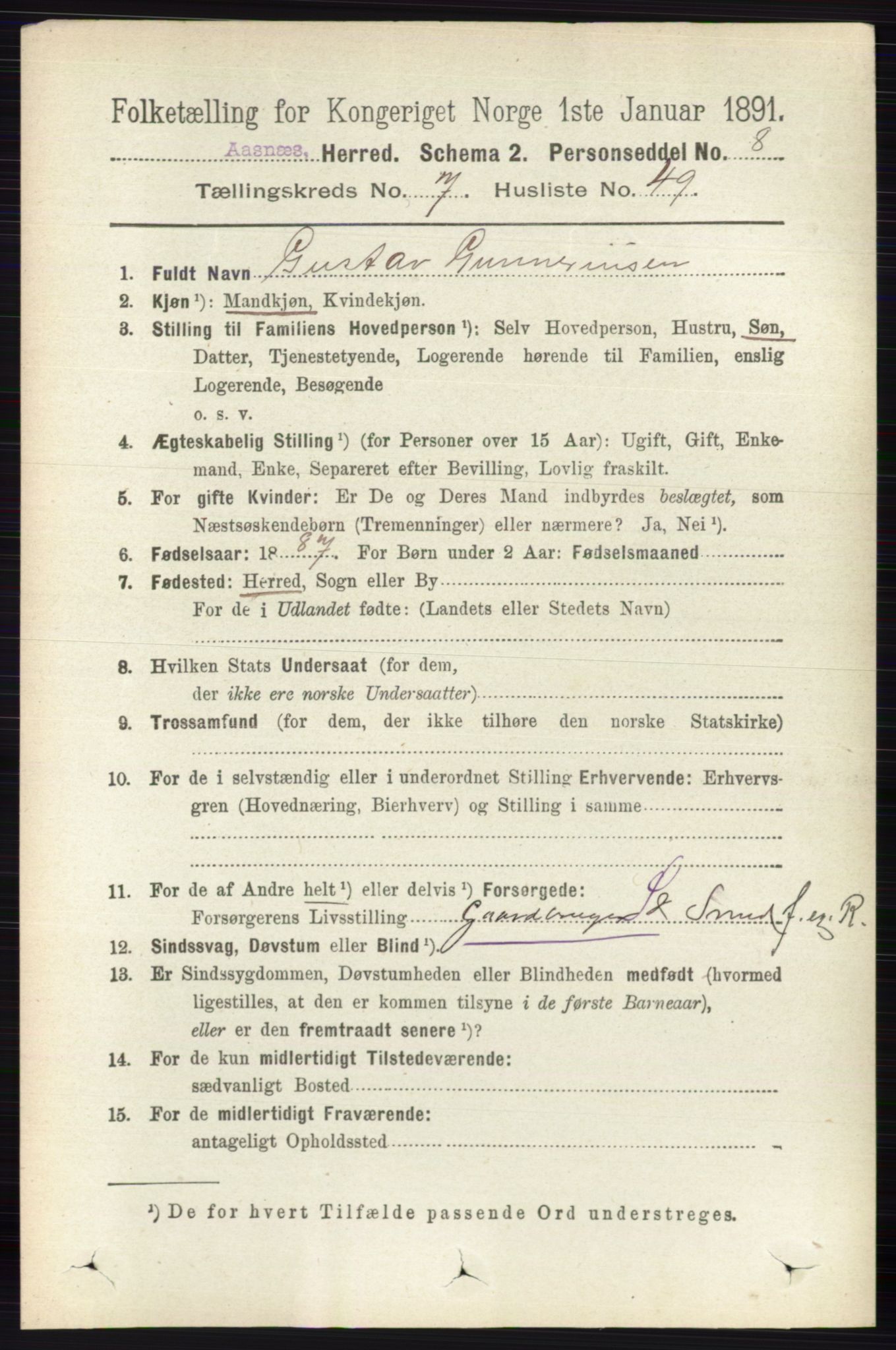 RA, 1891 census for 0425 Åsnes, 1891, p. 3641