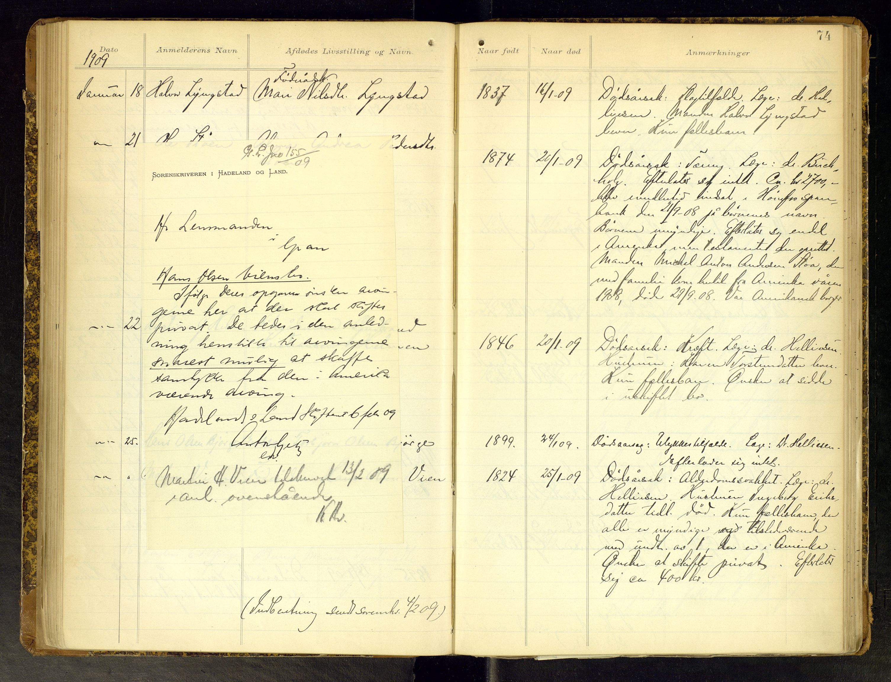 Gran lensmannskontor, AV/SAH-LOG-010/H/Ha/L0002: Dødsfallsprotokoll, 1899-1917, p. 75