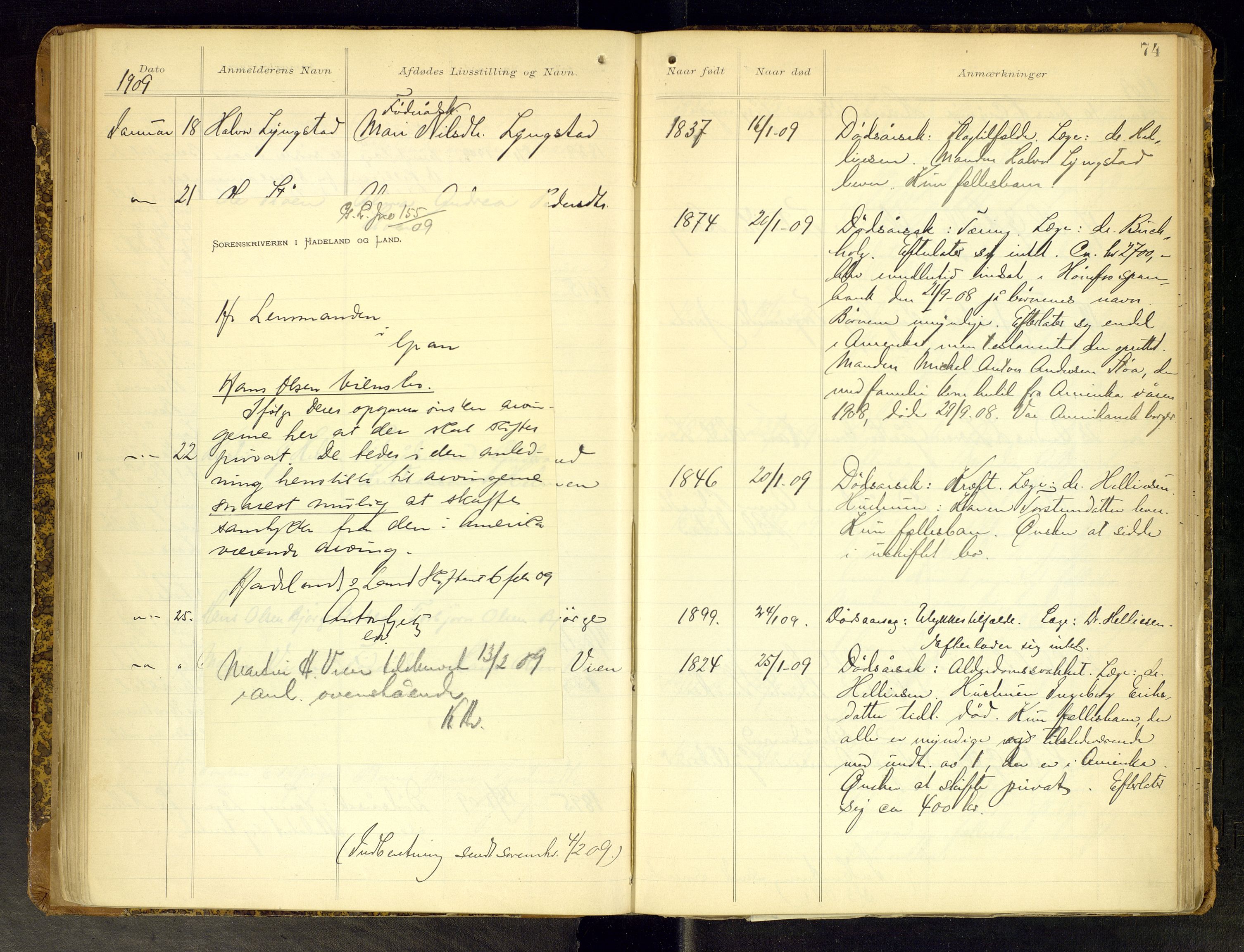 Gran lensmannskontor, SAH/LOG-010/H/Ha/L0002: Dødsfallsprotokoll, 1899-1917, p. 75