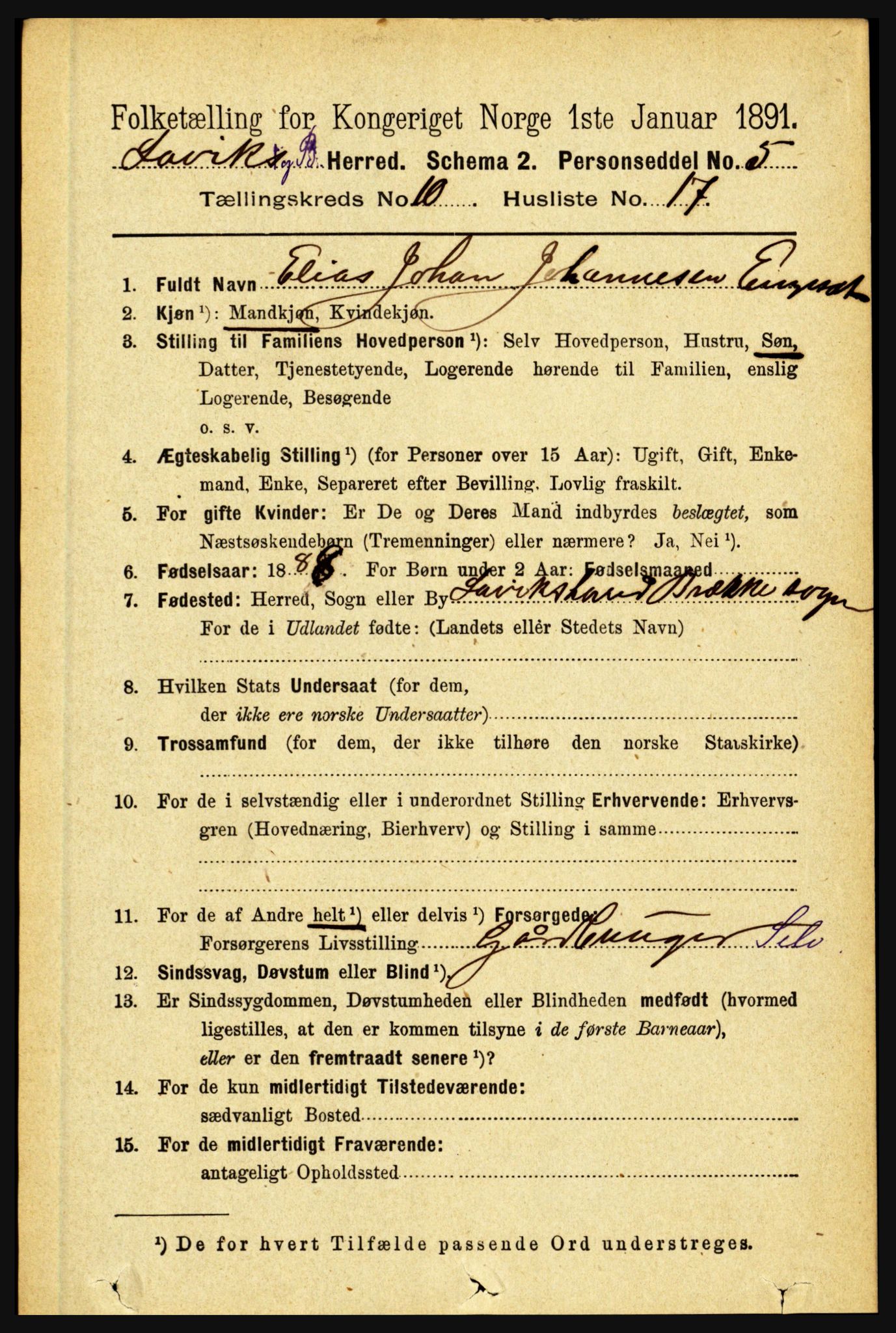 RA, 1891 census for 1415 Lavik og Brekke, 1891, p. 2102