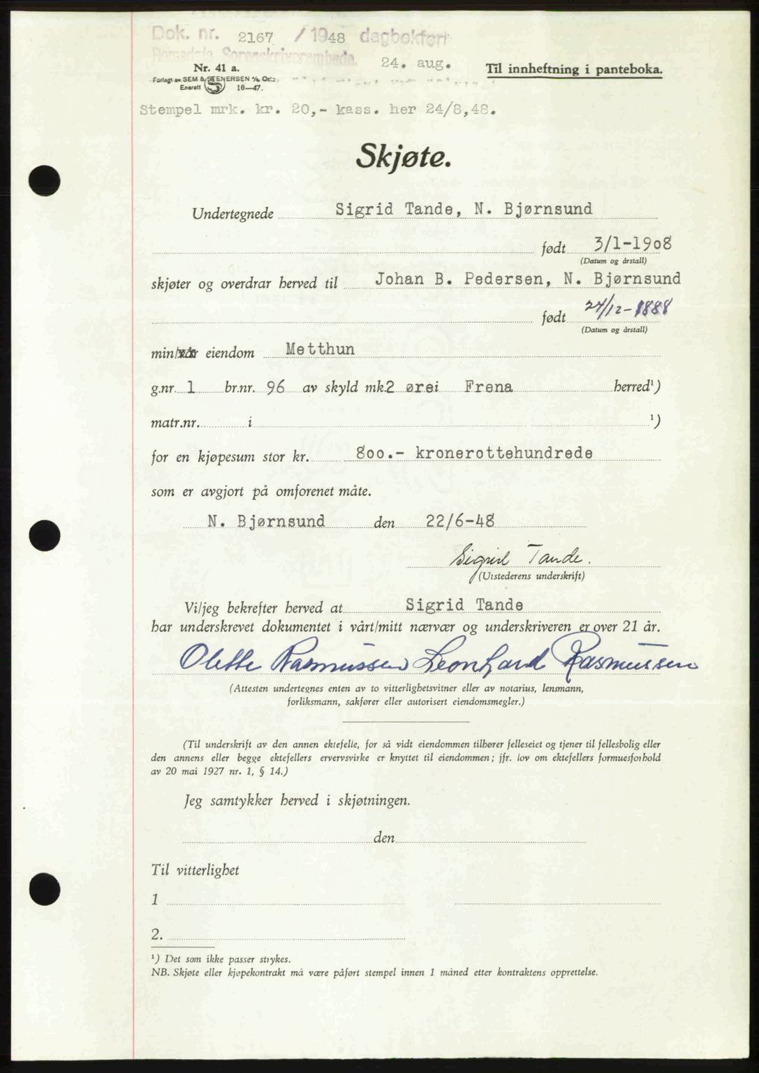 Romsdal sorenskriveri, AV/SAT-A-4149/1/2/2C: Mortgage book no. A27, 1948-1948, Diary no: : 2167/1948