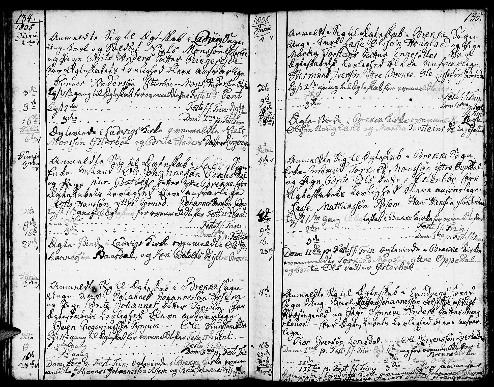 Gulen sokneprestembete, SAB/A-80201/H/Haa/Haaa/L0016: Parish register (official) no. A 16, 1798-1808, p. 134-135