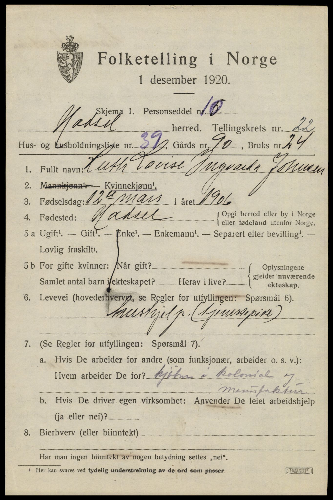 SAT, 1920 census for Hadsel, 1920, p. 20494