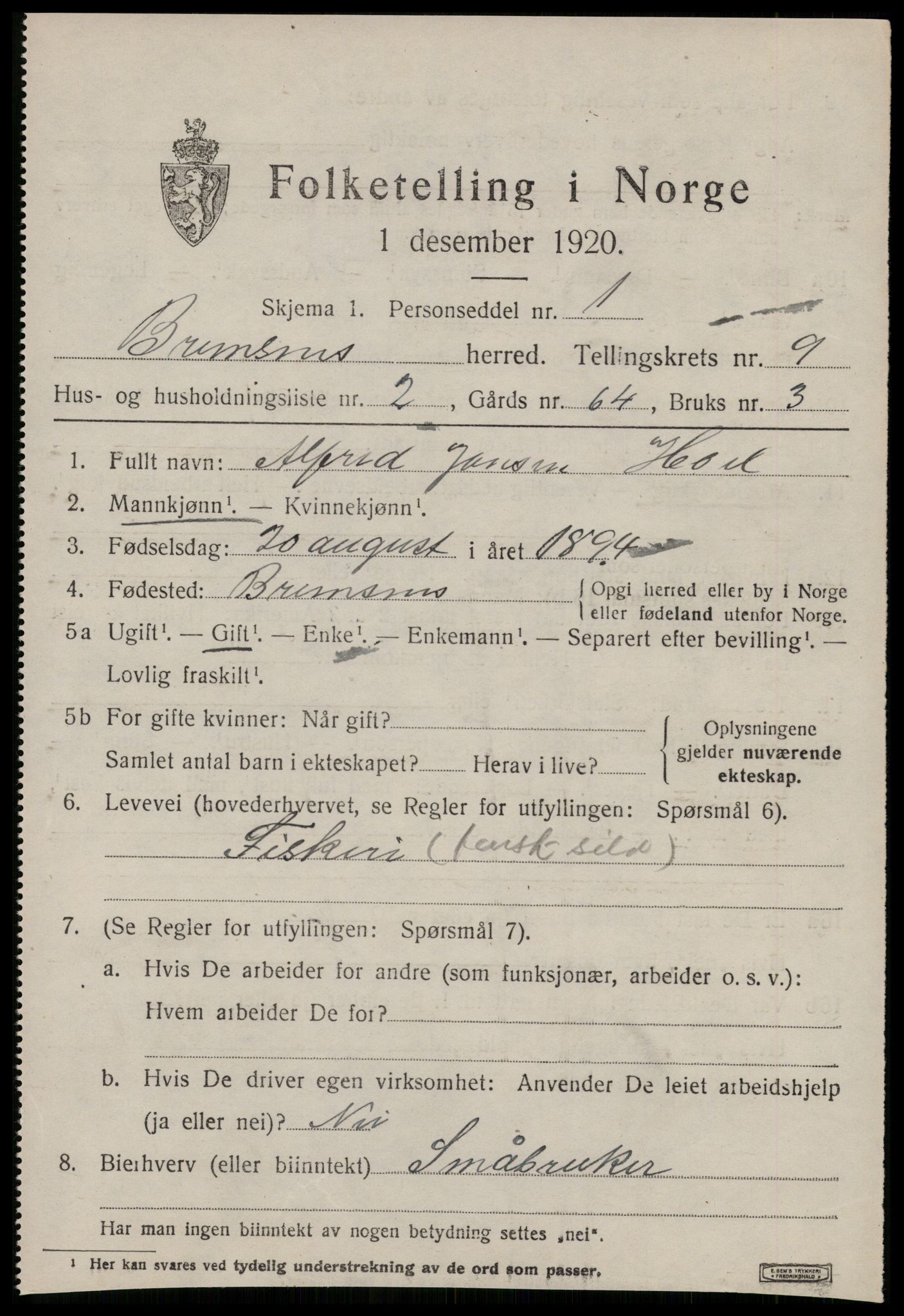 SAT, 1920 census for Bremsnes, 1920, p. 7833