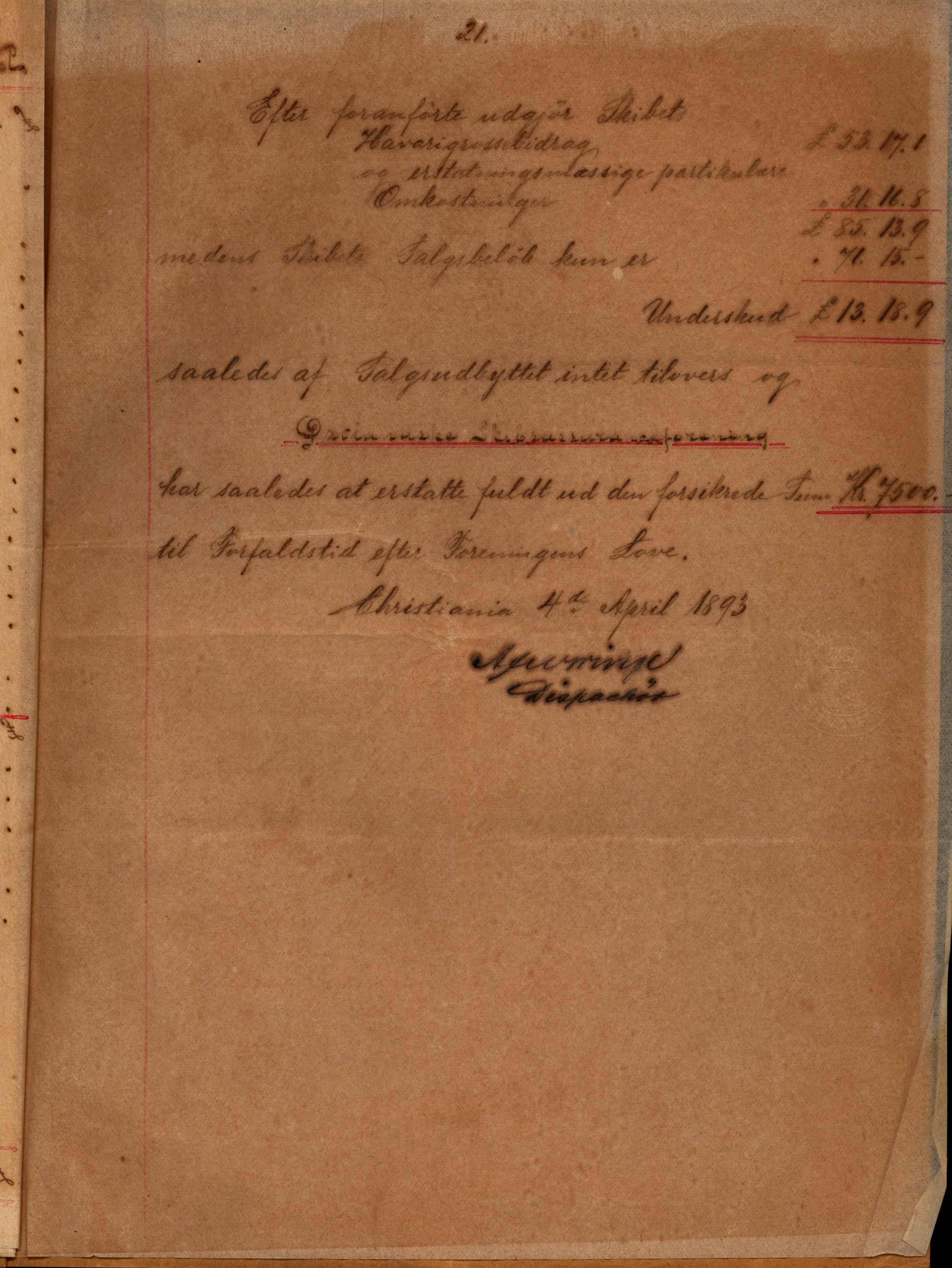 Pa 63 - Østlandske skibsassuranceforening, VEMU/A-1079/G/Ga/L0028/0005: Havaridokumenter / Tjømø, Magnolia, Caroline, Olaf, Stjernen, 1892, p. 241