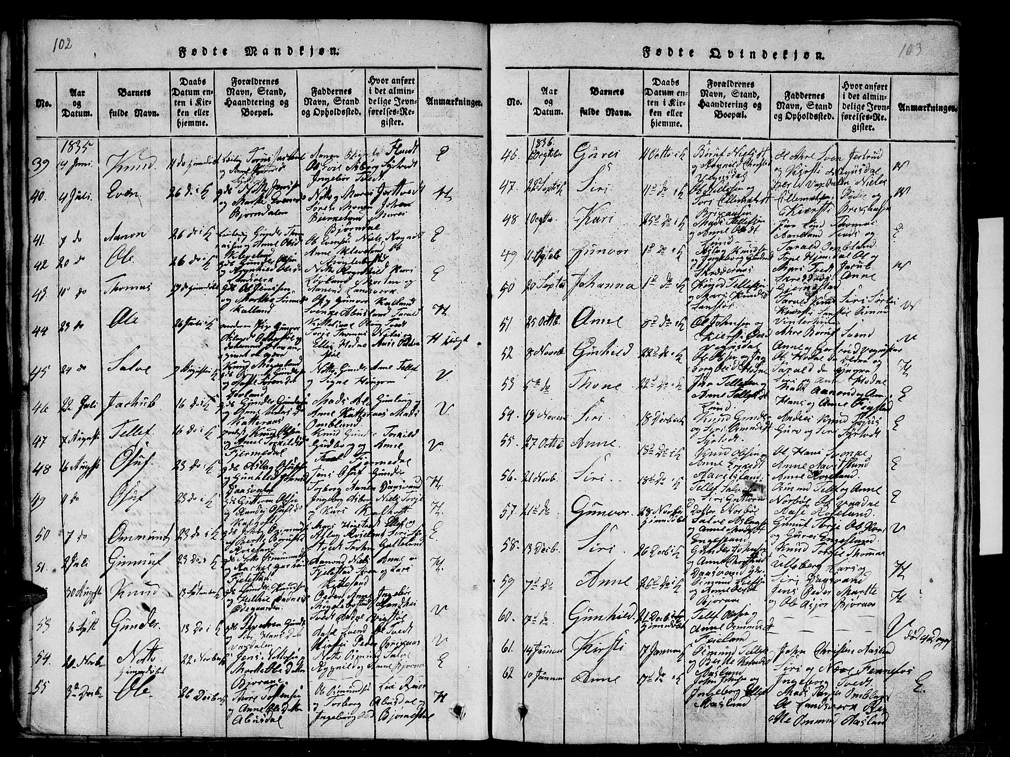 Evje sokneprestkontor, SAK/1111-0008/F/Fb/Fba/L0001: Parish register (copy) no. B 1, 1816-1842, p. 102-103