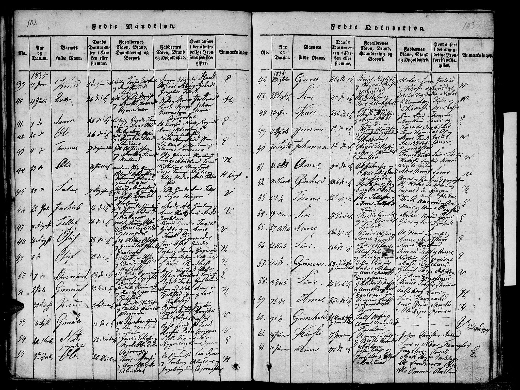 Evje sokneprestkontor, AV/SAK-1111-0008/F/Fb/Fba/L0001: Parish register (copy) no. B 1, 1816-1842, p. 102-103