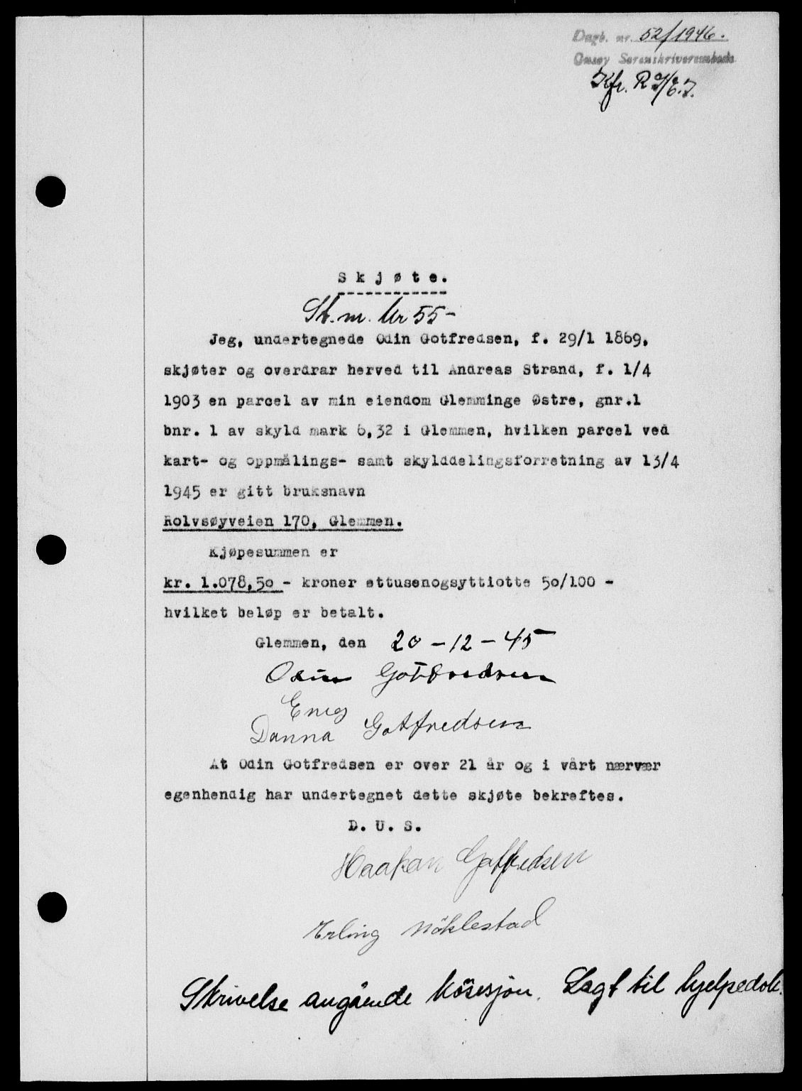Onsøy sorenskriveri, SAO/A-10474/G/Ga/Gab/L0015: Mortgage book no. II A-15, 1945-1946, Diary no: : 52/1946