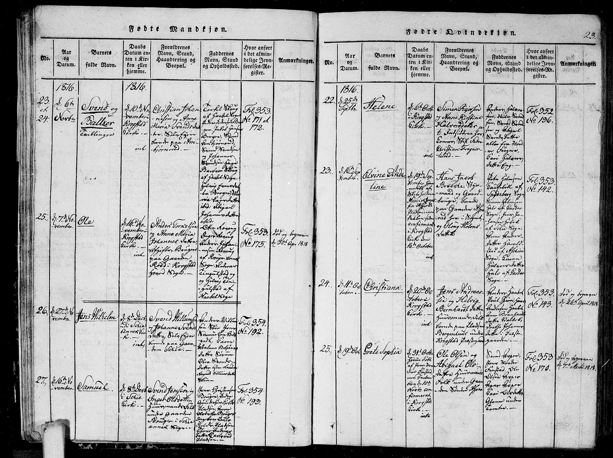 Kråkstad prestekontor Kirkebøker, AV/SAO-A-10125a/G/Ga/L0001: Parish register (copy) no. I 1, 1813-1824, p. 23