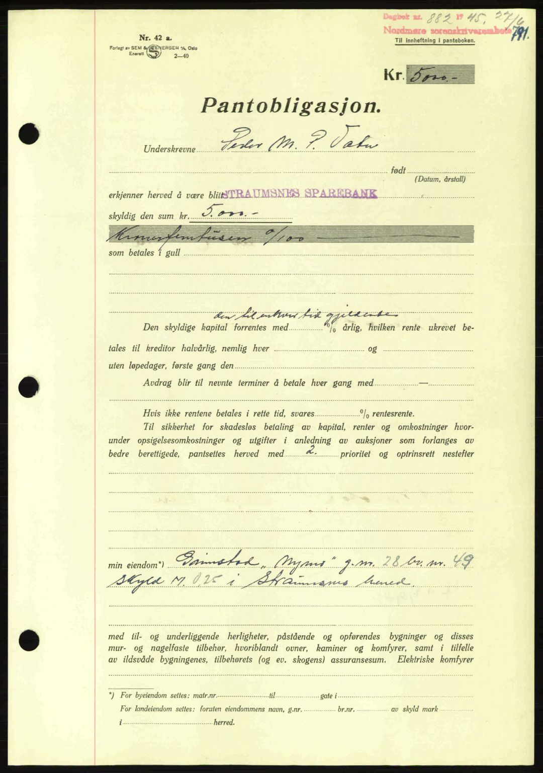 Nordmøre sorenskriveri, AV/SAT-A-4132/1/2/2Ca: Mortgage book no. B92, 1944-1945, Diary no: : 882/1945