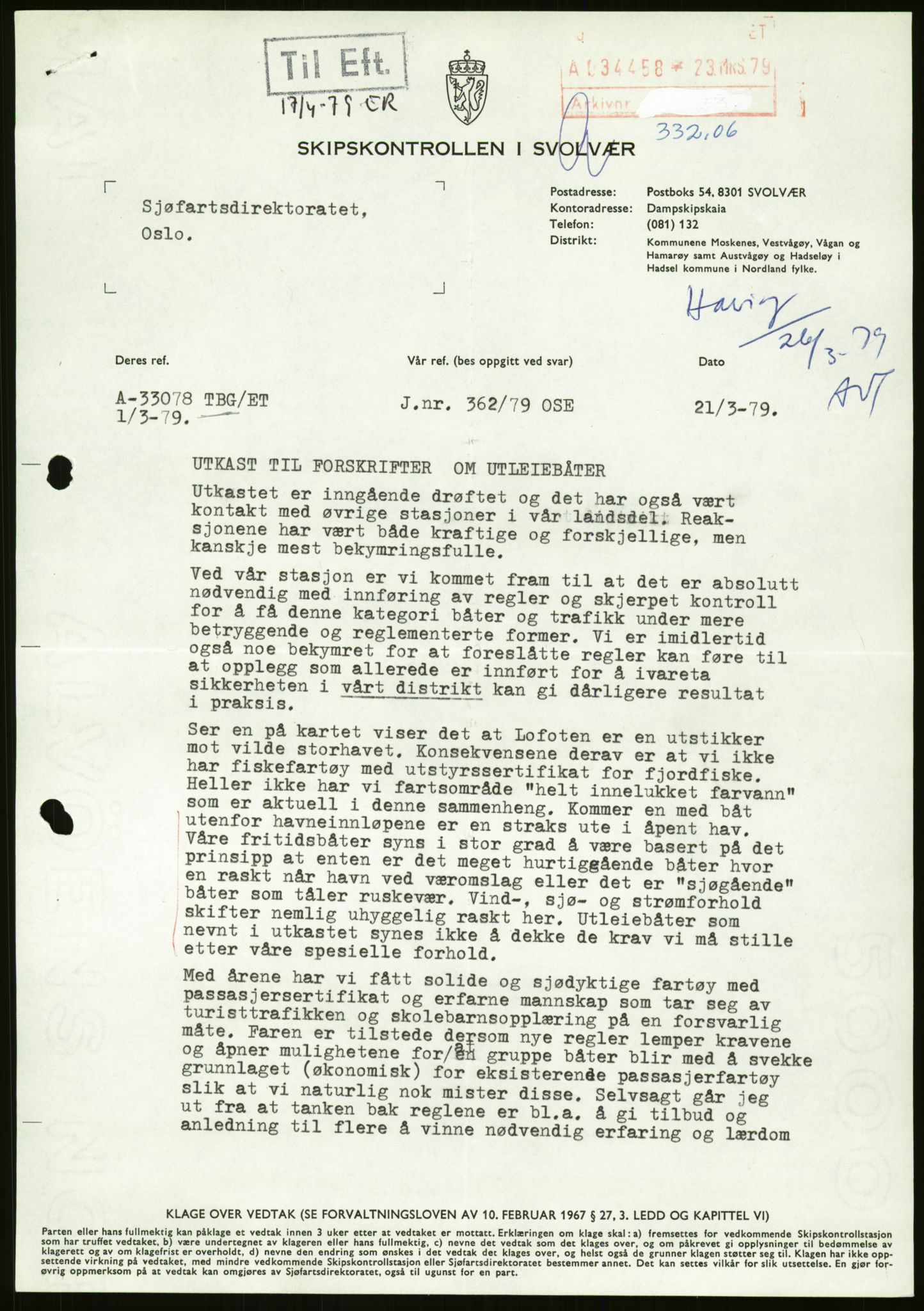 Sjøfartsdirektoratet med forløpere, generelt arkiv, AV/RA-S-1407/D/Du/Duc/L0642/0001: Skipskontrollen - Forskrifter / Forskrift om utleiebåter (2 mapper), 1978-1987, p. 353