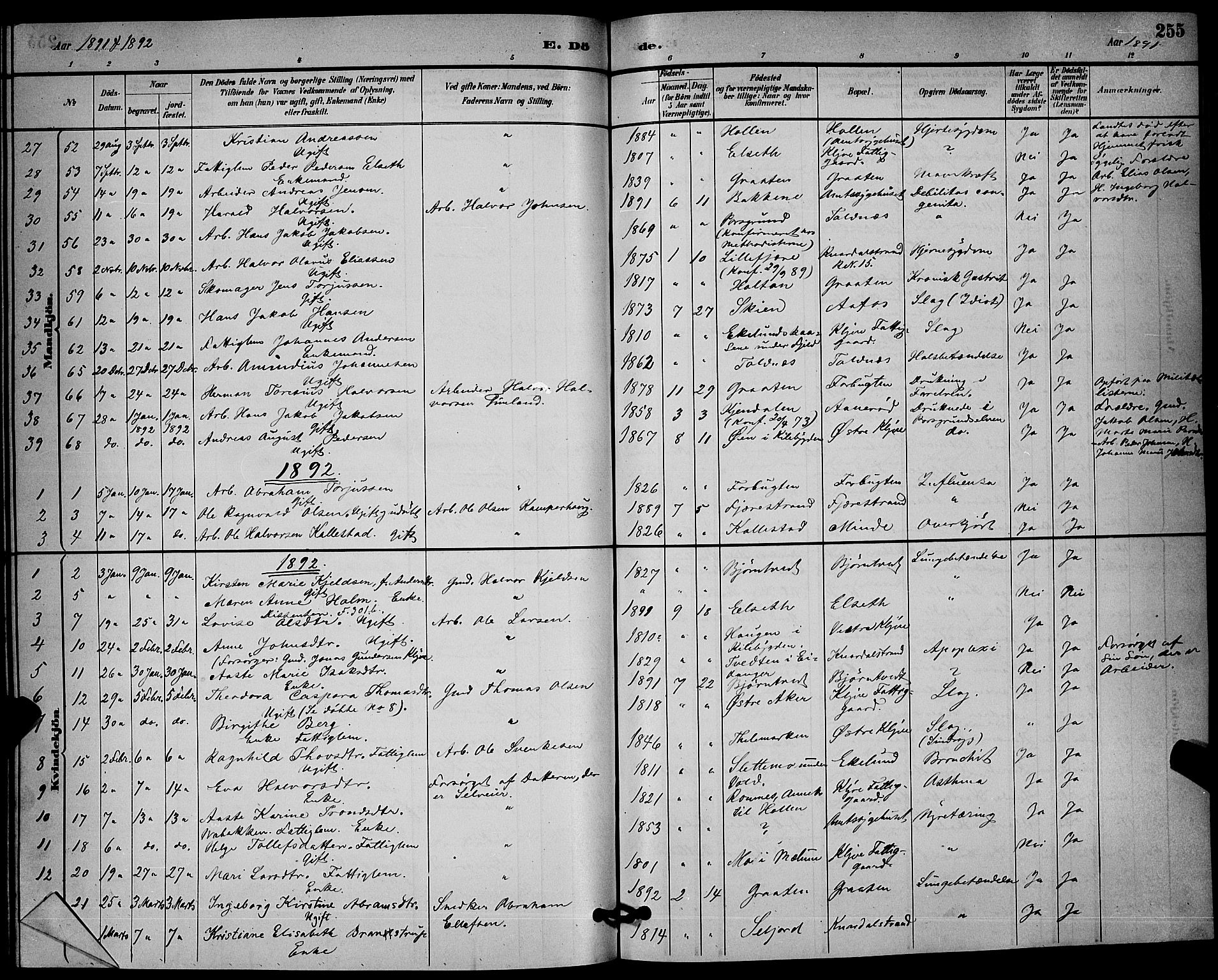 Solum kirkebøker, SAKO/A-306/G/Ga/L0007: Parish register (copy) no. I 7, 1884-1898, p. 255