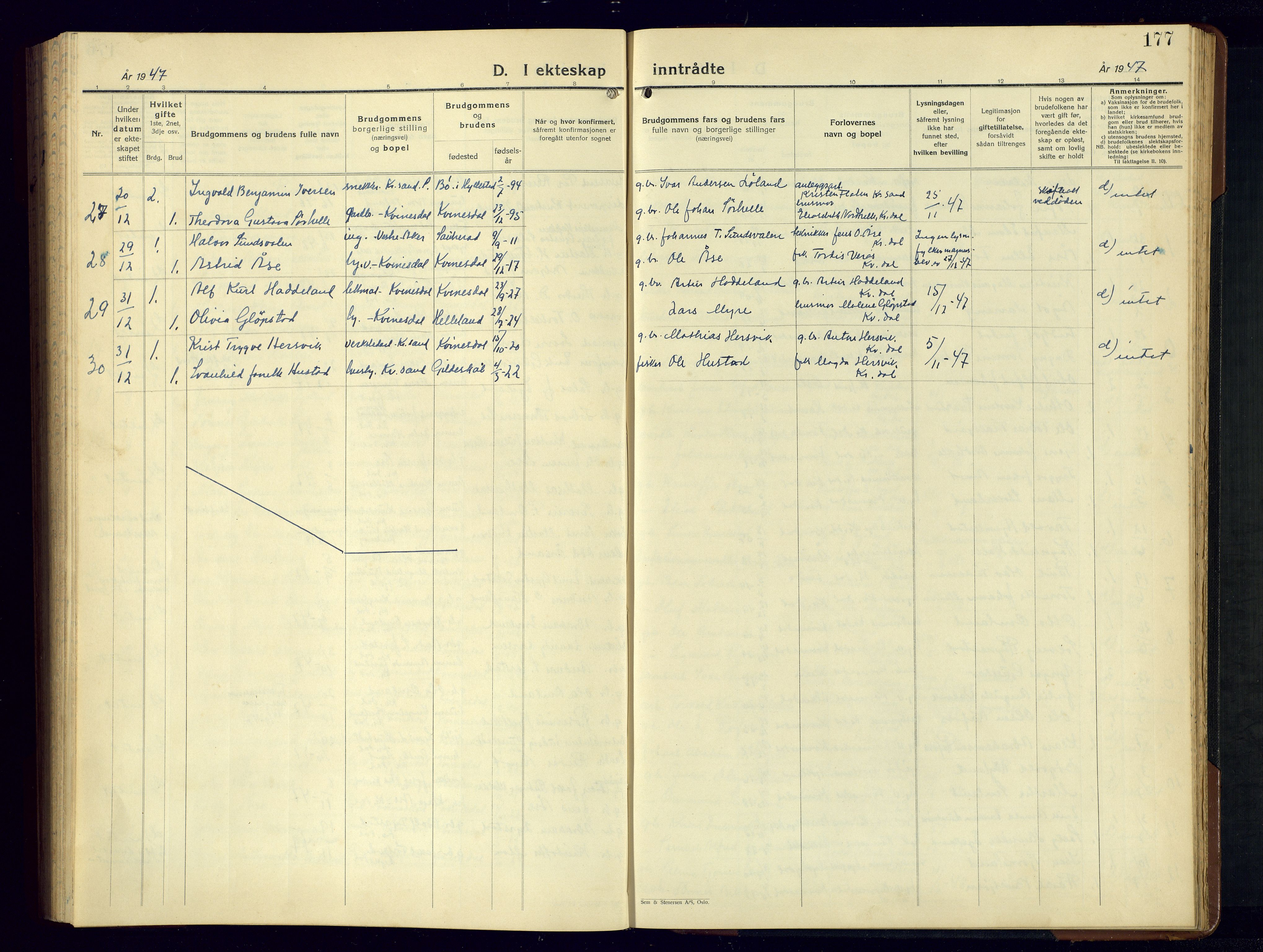 Kvinesdal sokneprestkontor, AV/SAK-1111-0026/F/Fb/Fbb/L0005: Parish register (copy) no. B 5, 1939-1956, p. 177