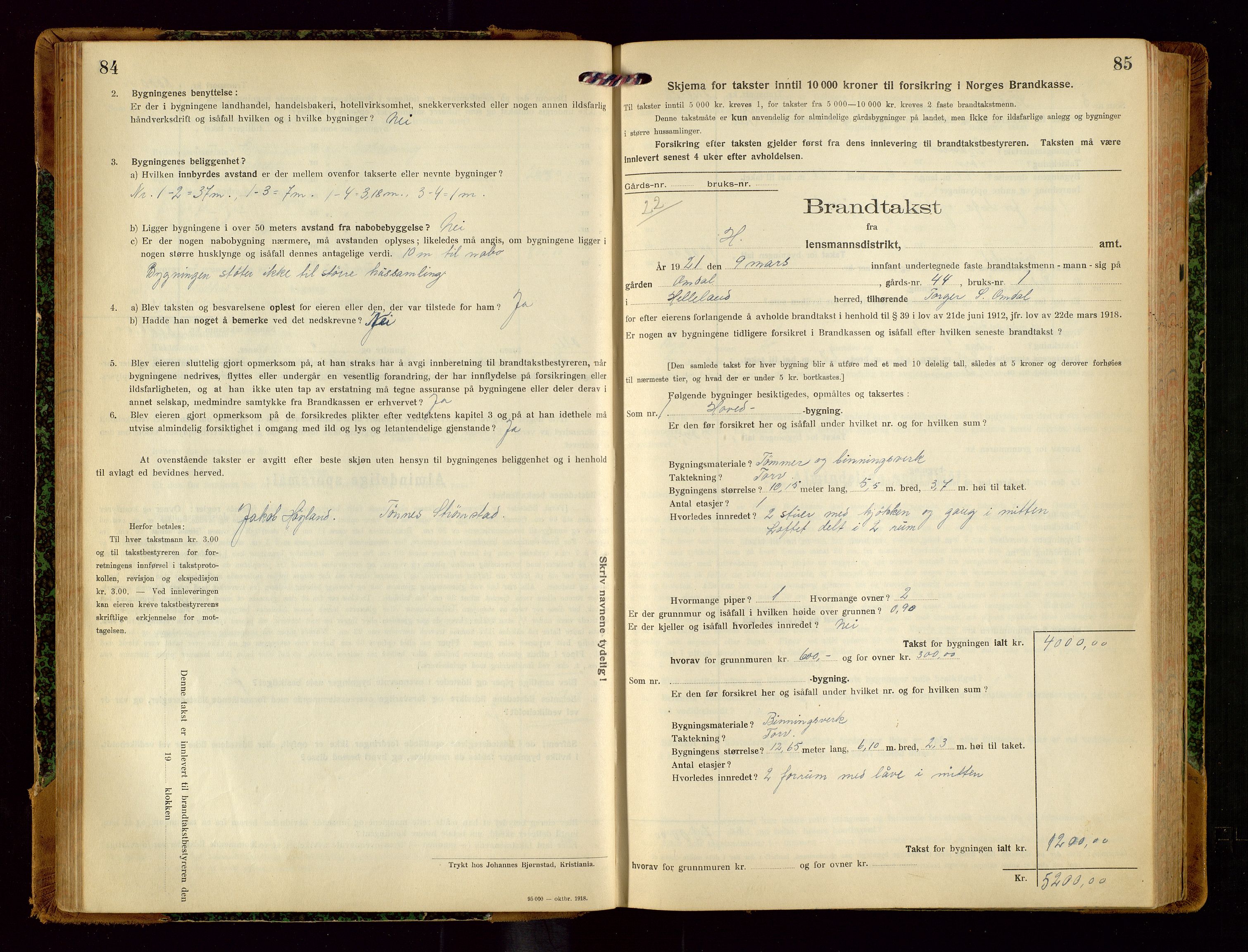 Helleland lensmannskontor, AV/SAST-A-100209/Gob/L0002: "Brandtakstprotokoll", 1921-1930, p. 84-85