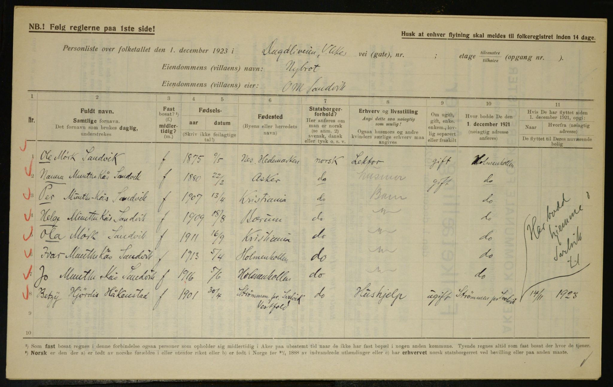 , Municipal Census 1923 for Aker, 1923, p. 8839