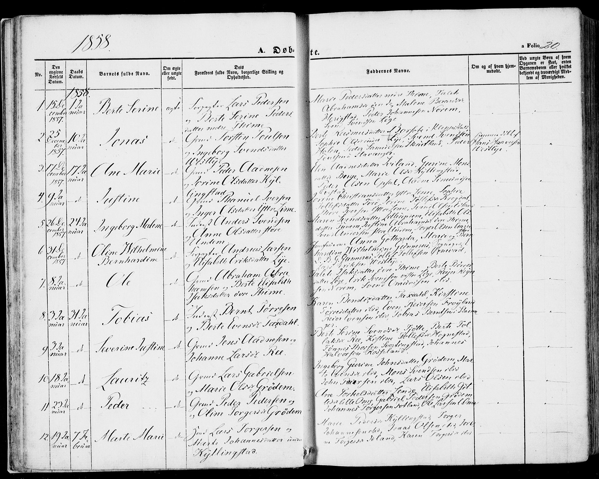 Lye sokneprestkontor, SAST/A-101794/001/30BA/L0007: Parish register (official) no. A 6, 1856-1871, p. 20
