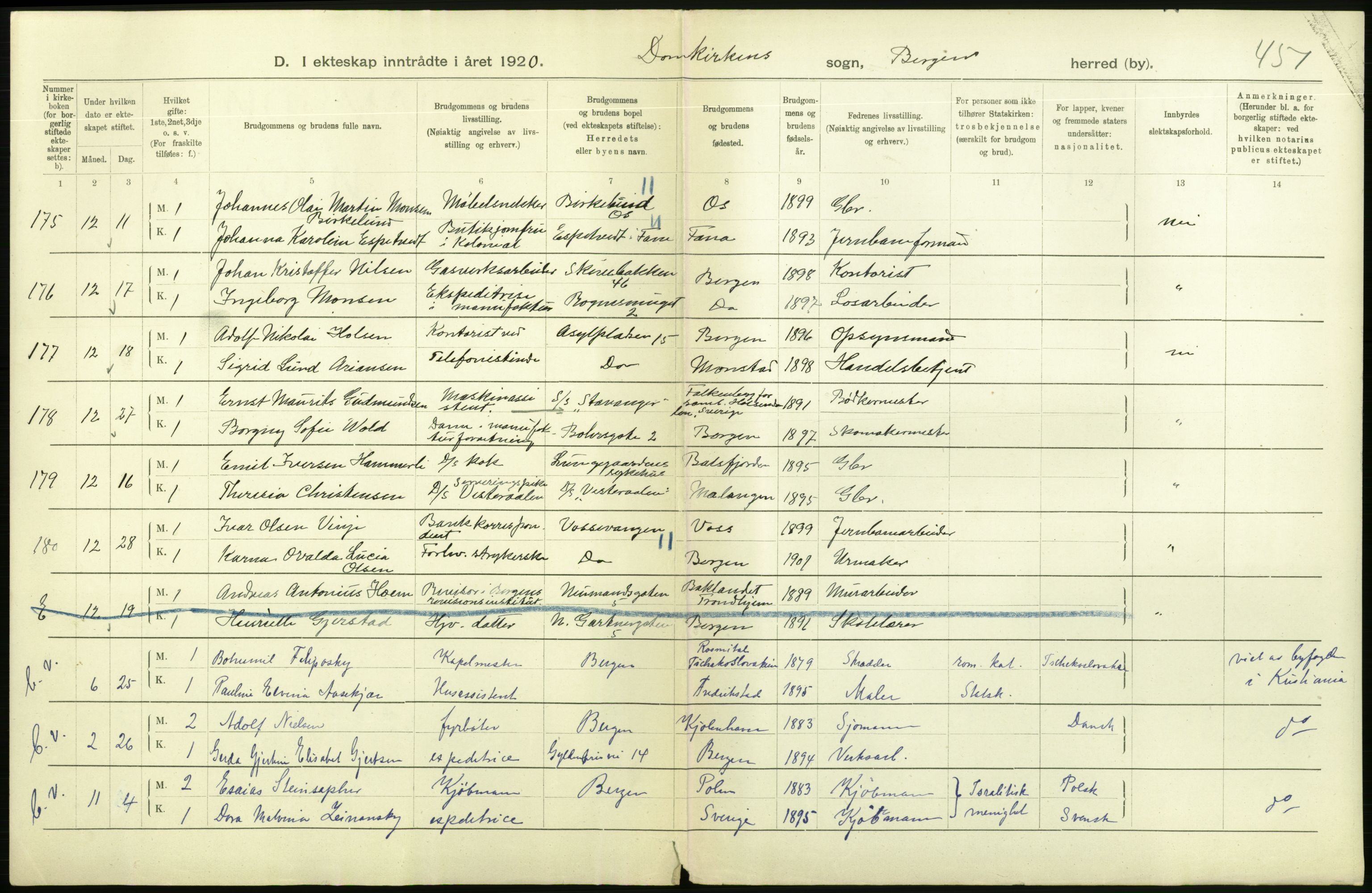 Statistisk sentralbyrå, Sosiodemografiske emner, Befolkning, AV/RA-S-2228/D/Df/Dfb/Dfbj/L0042: Bergen: Gifte, døde, dødfødte., 1920, p. 218