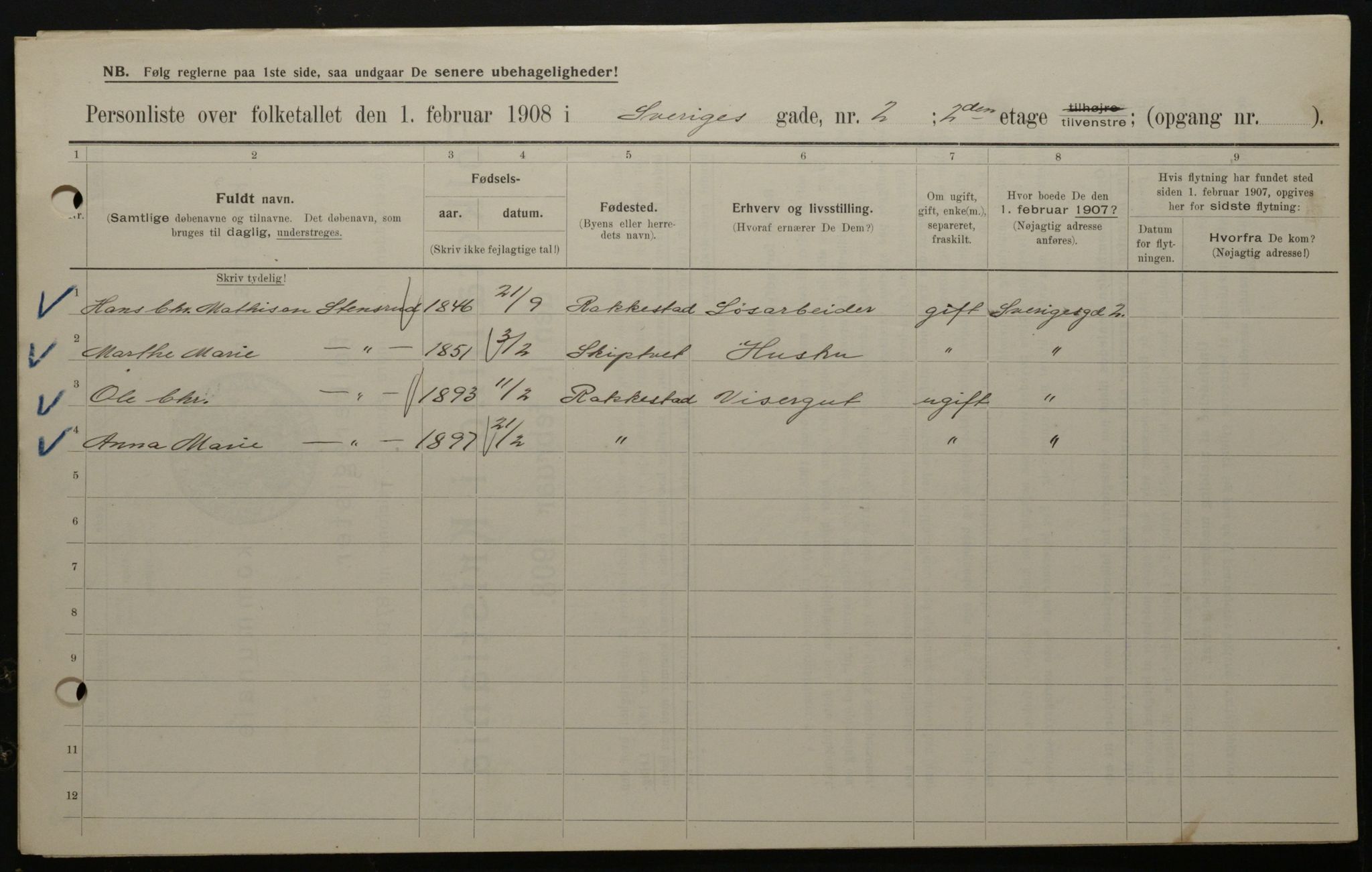 OBA, Municipal Census 1908 for Kristiania, 1908, p. 95113