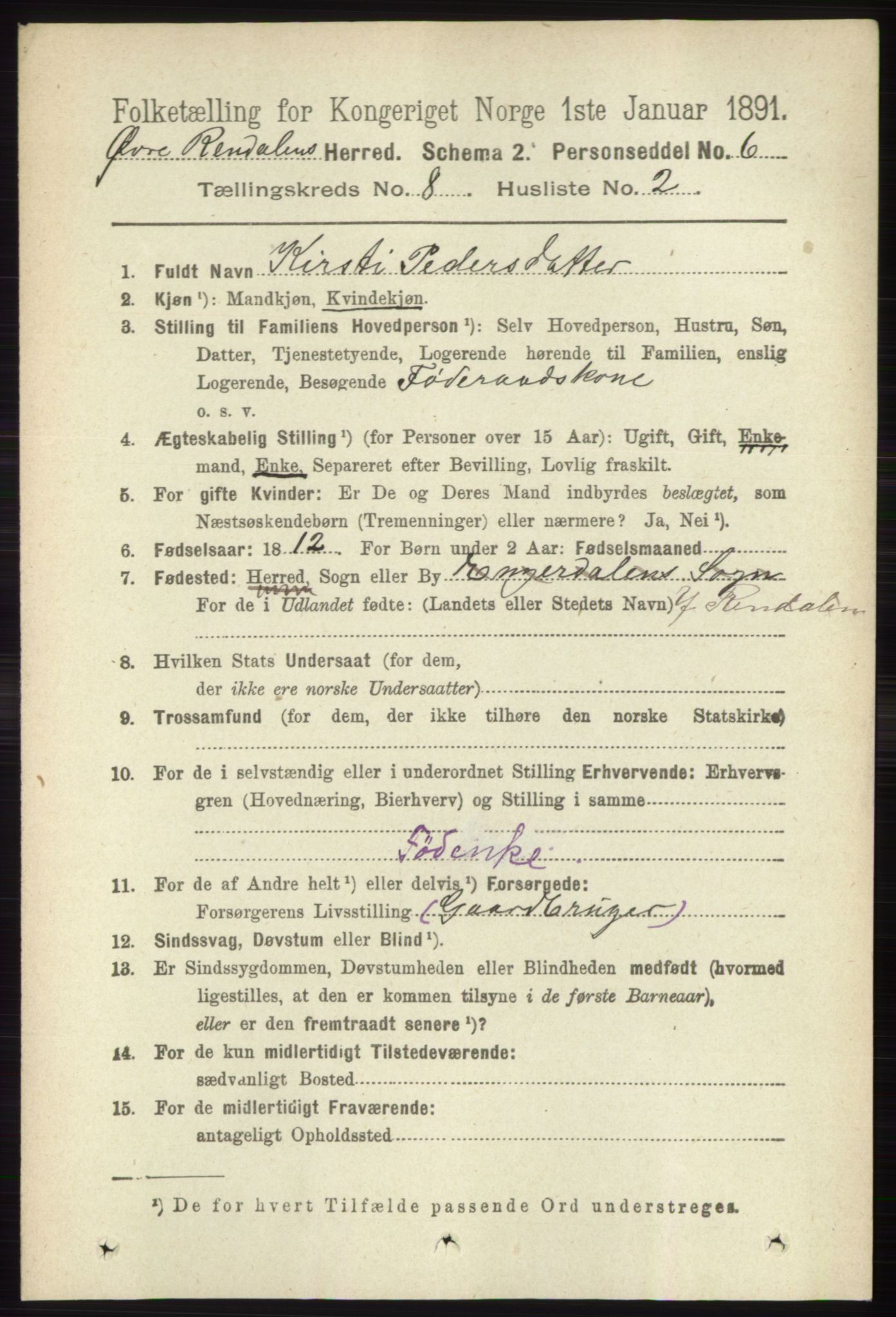 RA, 1891 census for 0433 Øvre Rendal, 1891, p. 2005
