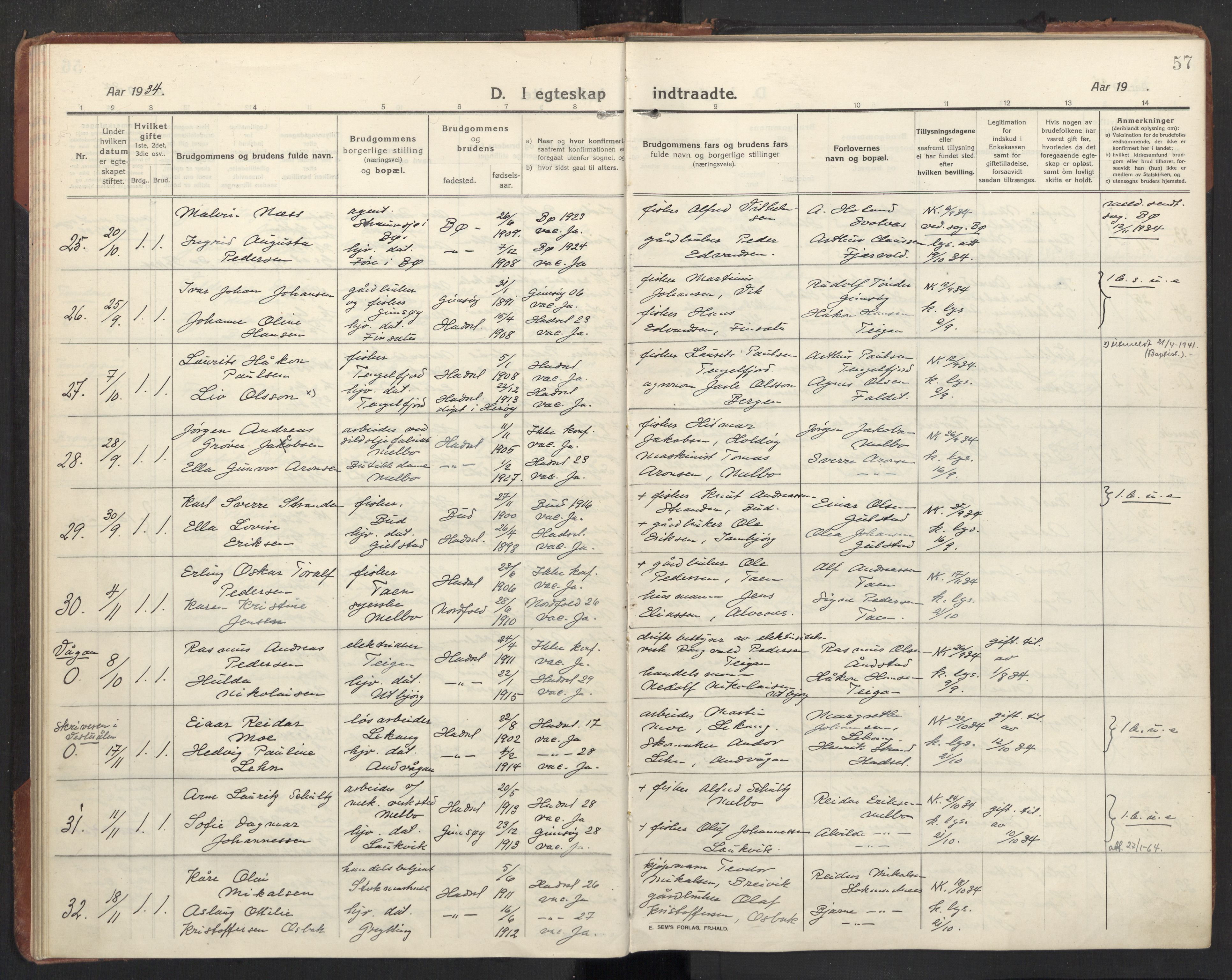 Ministerialprotokoller, klokkerbøker og fødselsregistre - Nordland, AV/SAT-A-1459/888/L1269: Parish register (copy) no. 888C11, 1913-1937, p. 57