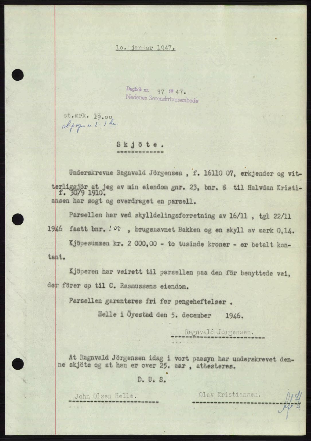 Nedenes sorenskriveri, AV/SAK-1221-0006/G/Gb/Gba/L0056: Mortgage book no. A8, 1946-1947, Diary no: : 37/1947