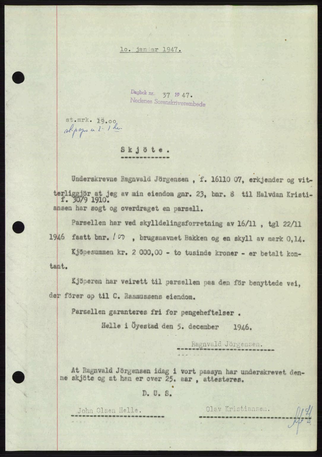 Nedenes sorenskriveri, SAK/1221-0006/G/Gb/Gba/L0056: Mortgage book no. A8, 1946-1947, Diary no: : 37/1947